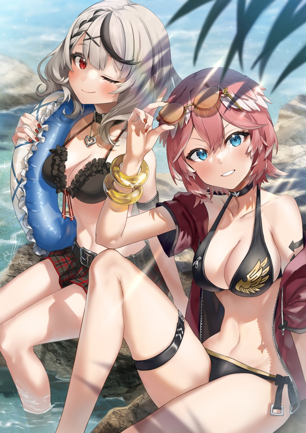 bikini, bikini_top, cleavage, garter, hololive, kito_koruta, open_shirt, sakamata_chloe
