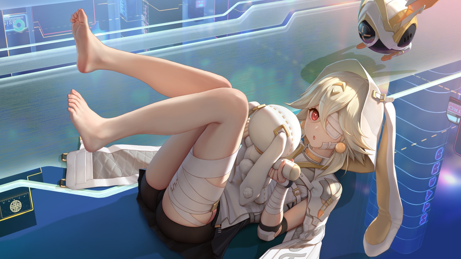 animal_ears, bandages, bandaid, bike_shorts, bunny_ears, cameltoe, eyepatch, feet, ruby_(tower_of_fantasy), tokinohimitsu, tower_of_fantasy, wallpaper
