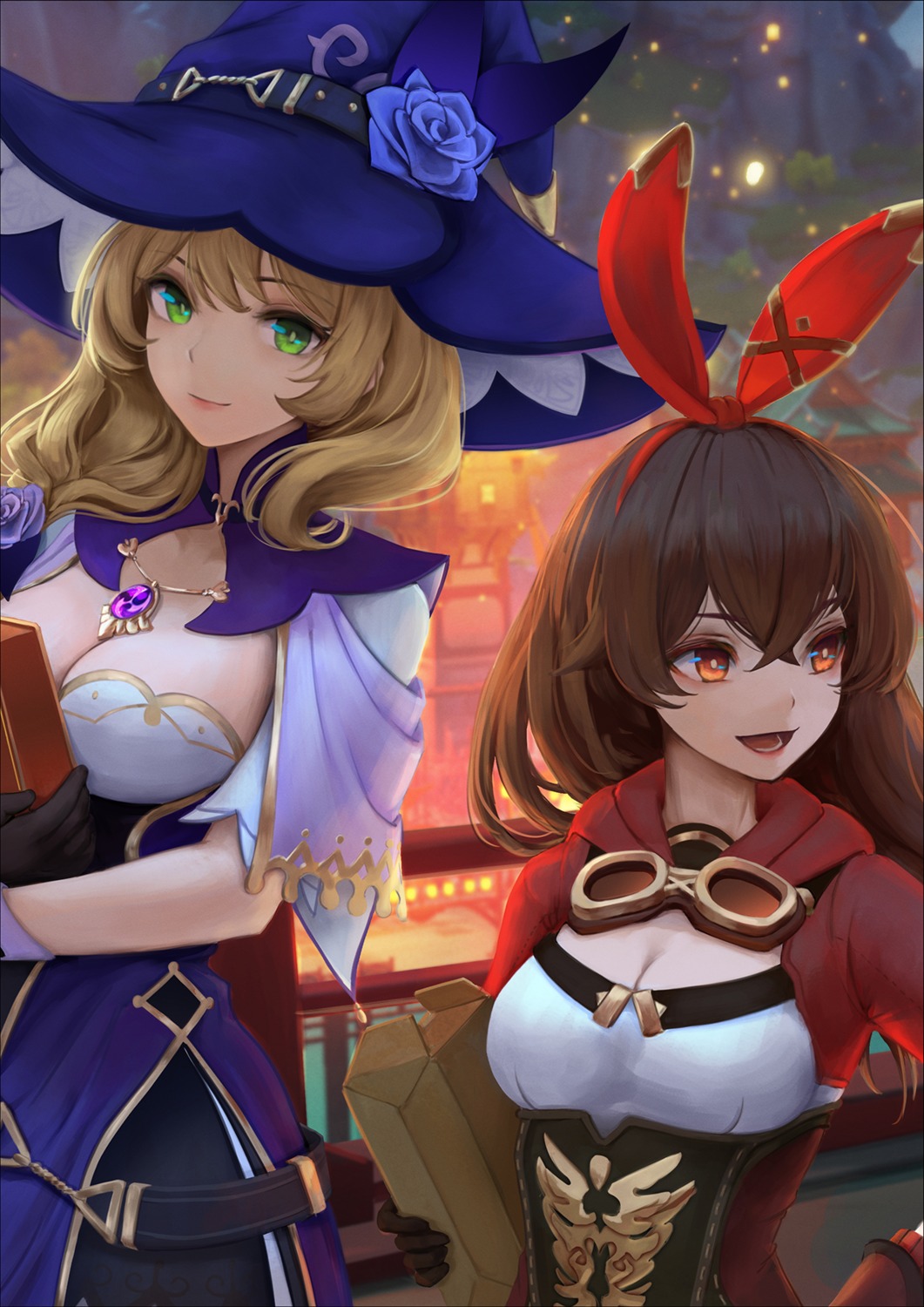 amber_(genshin_impact), cleavage, genshin_impact, lisa_(genshin_impact), nanairo_(kim0116v), witch