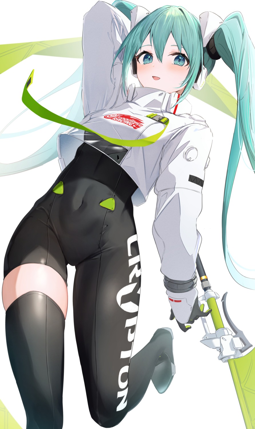 bodysuit, goodsmile_racing, hatsune_miku, headphones, nokke_o, racing_miku, see_through, thighhighs, vocaloid