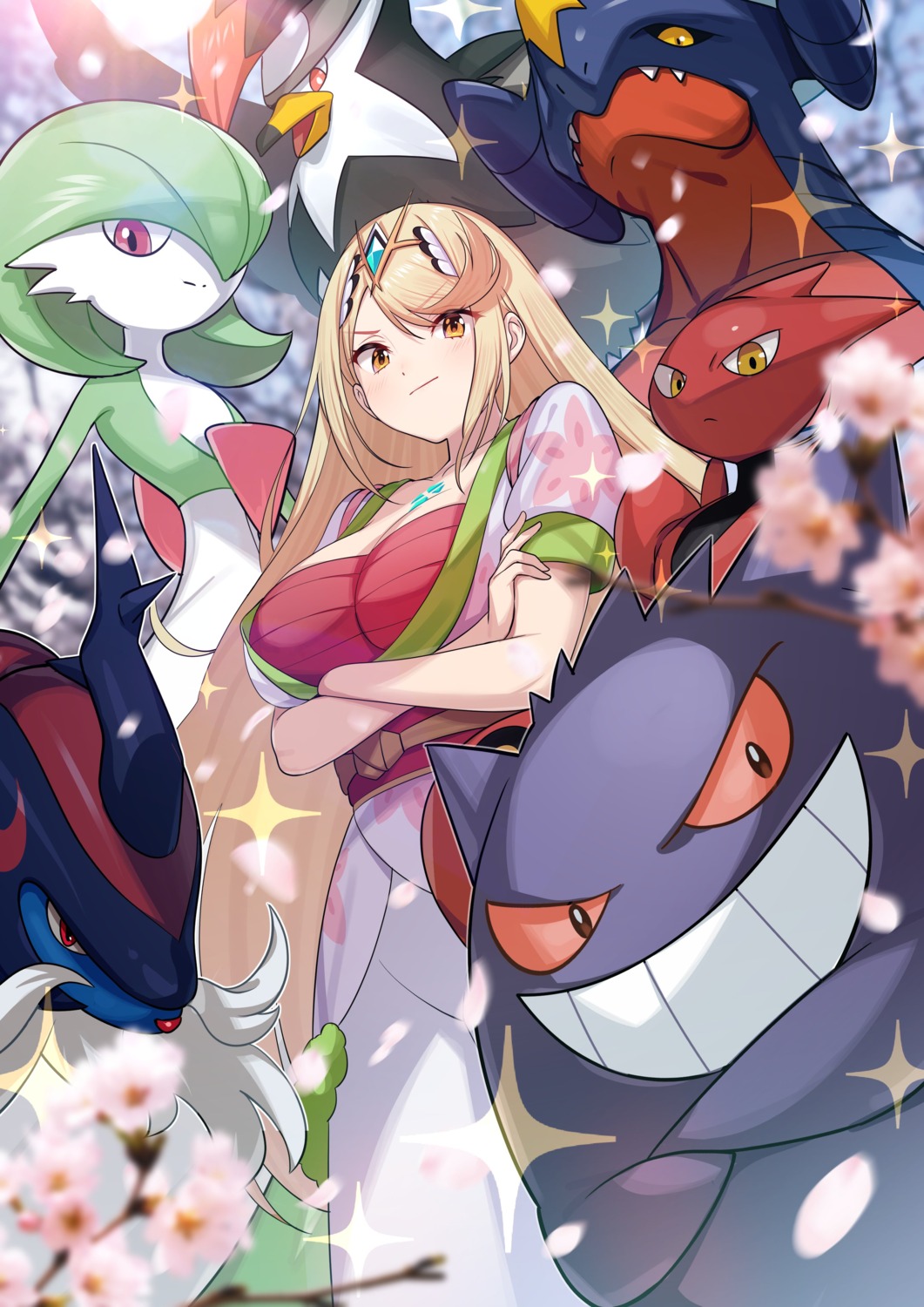 cosplay, crossover, garchomp, gardevoir, gengar, green322, hikari_(xenoblade_2), hisuian_samurott, japanese_clothes, open_shirt, pokemon, pokemon_legends_arceus, sarashi, scizor, staraptor, xenoblade_(series), xenoblade_2