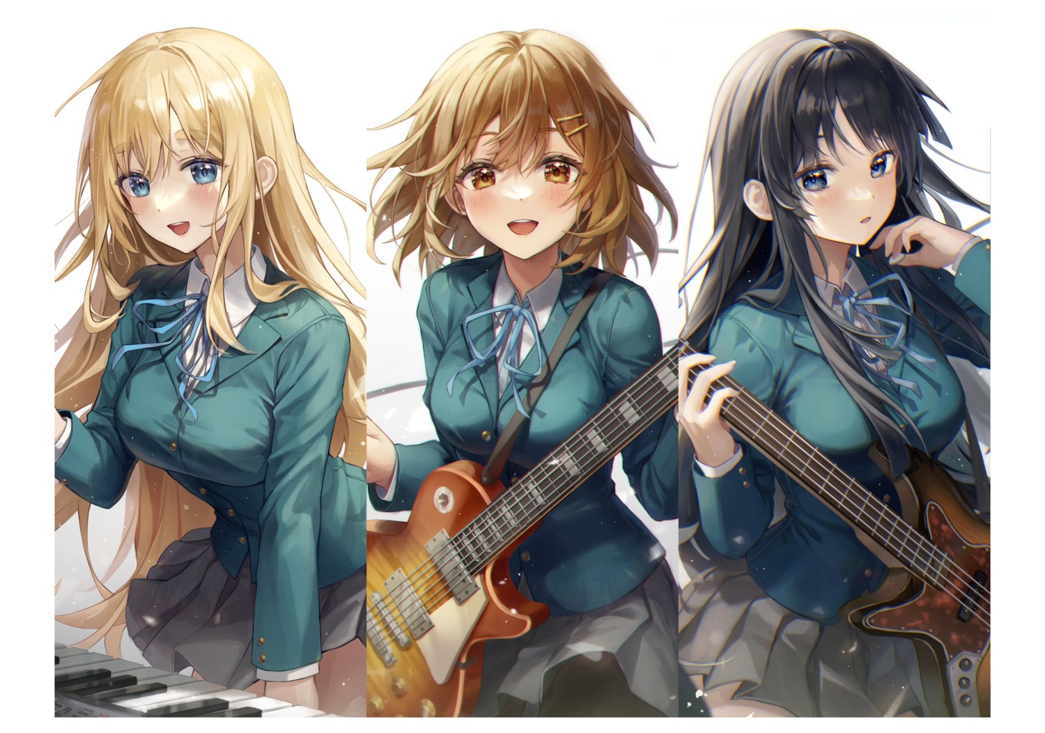 aibek, akiyama_mio, guitar, hirasawa_yui, k-on!, kotobuki_tsumugi, pantyhose, seifuku