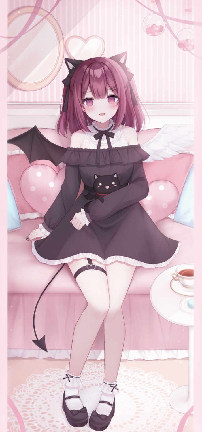 animal_ears, dress, garter, komari_mhy, nekomimi, tail, wings