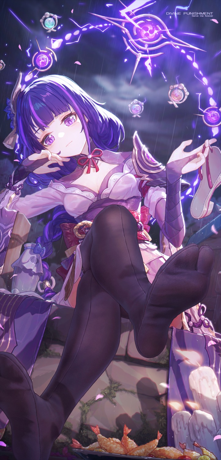 armor, cleavage, feet, genshin_impact, icecake, japanese_clothes, raiden_shogun, thighhighs