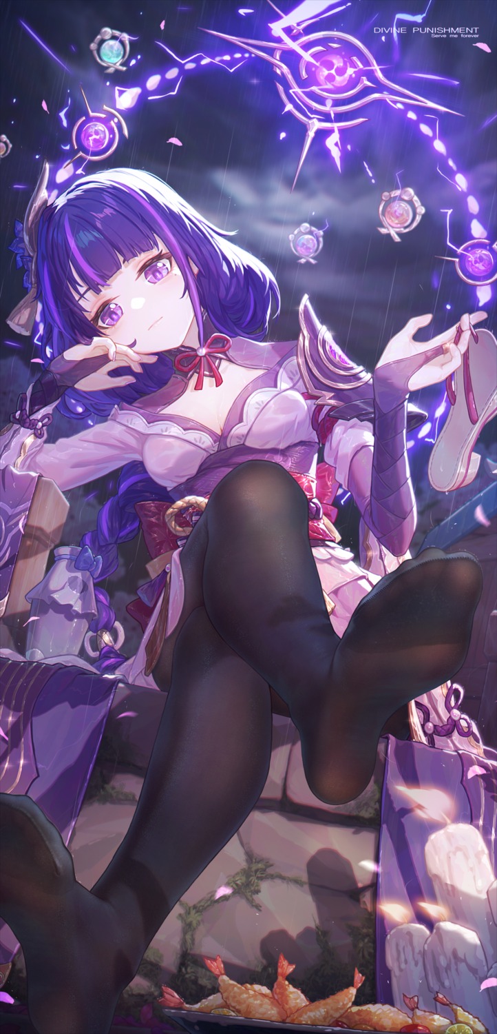 armor, cleavage, feet, genshin_impact, icecake, japanese_clothes, pantyhose, raiden_shogun
