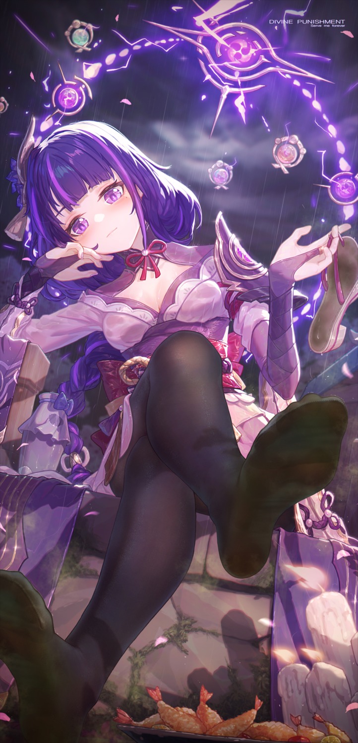 armor, cleavage, feet, genshin_impact, icecake, japanese_clothes, pantyhose, raiden_shogun