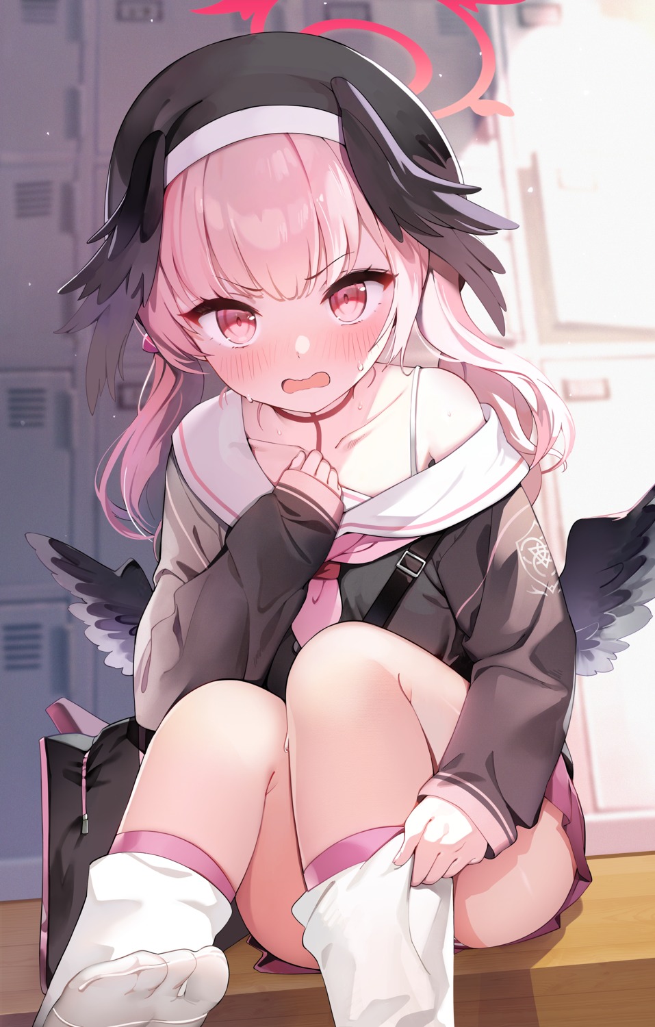 blue_archive, halo, jehyun, seifuku, shimoe_koharu, undressing, wings