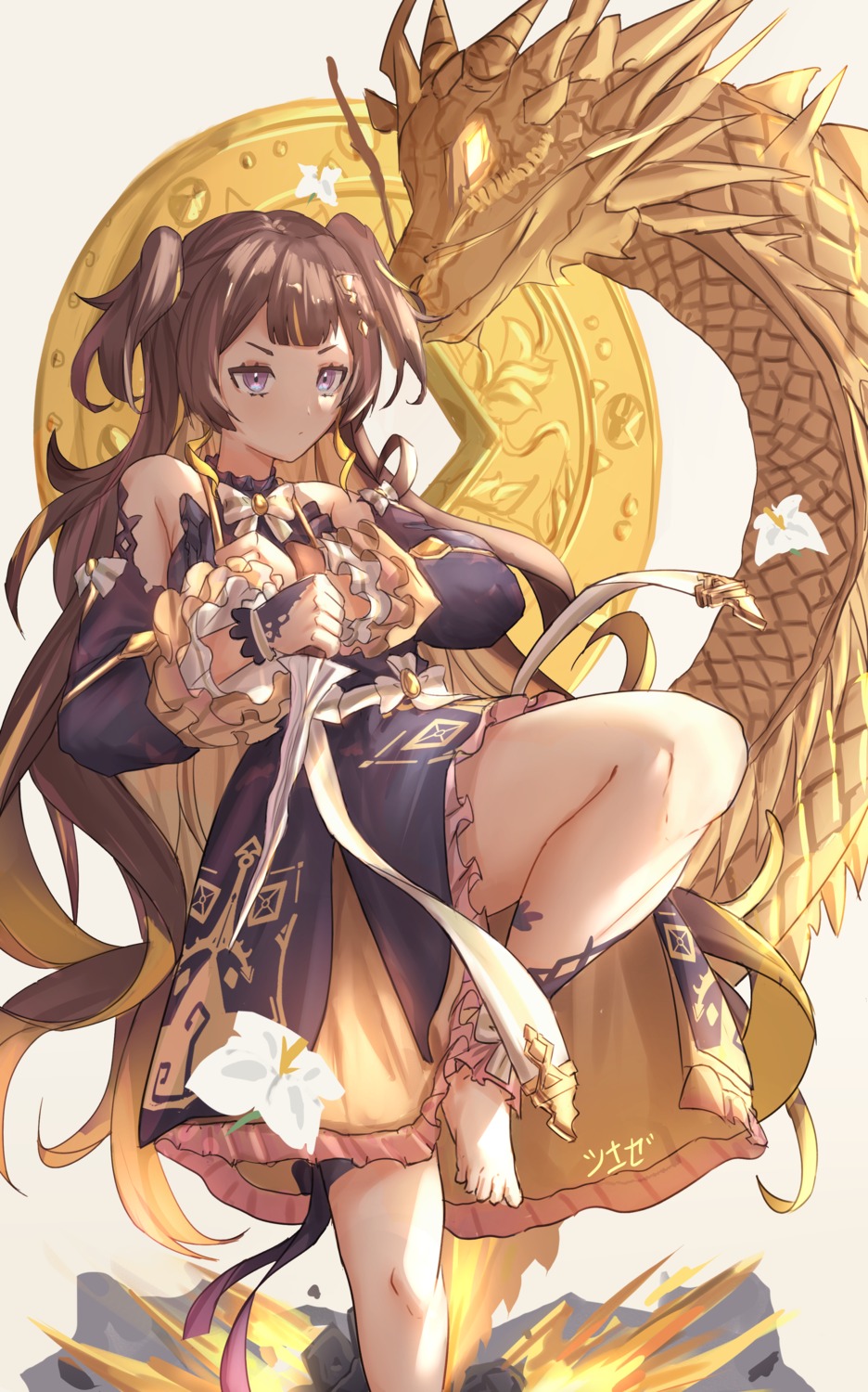anya_melfissa, dress, feet, hololive, hololive_indonesia, jeze, monster, weapon