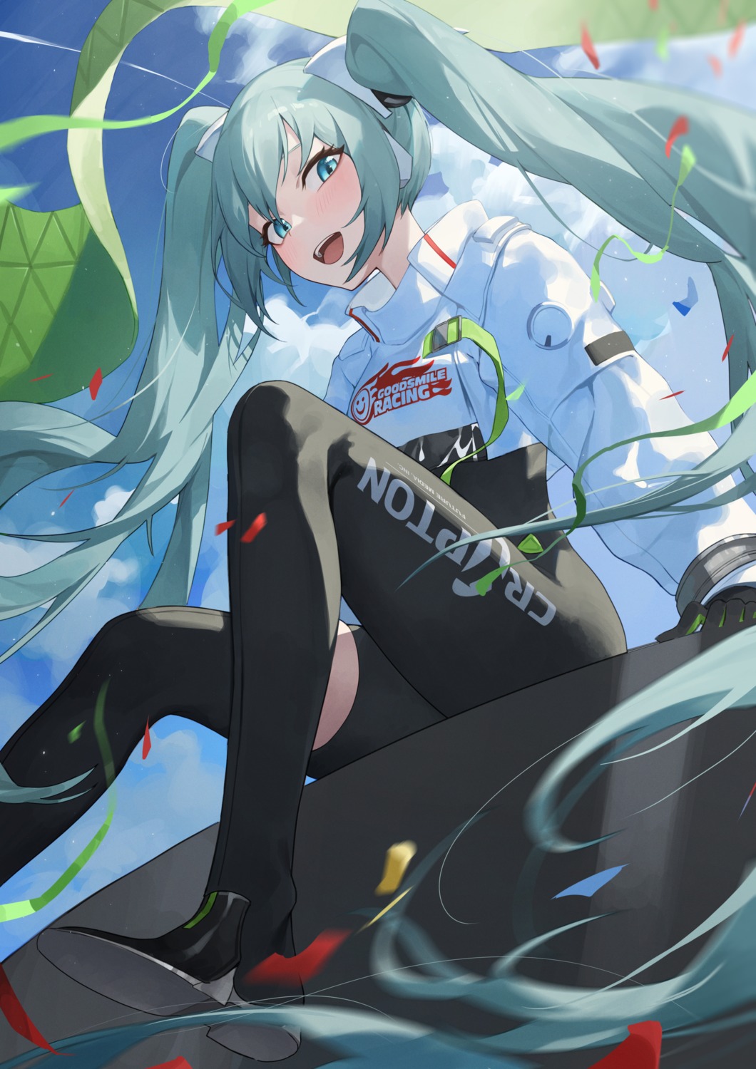 bodysuit, goodsmile_racing, hatsune_miku, racing_miku, sb_lama, thighhighs, vocaloid
