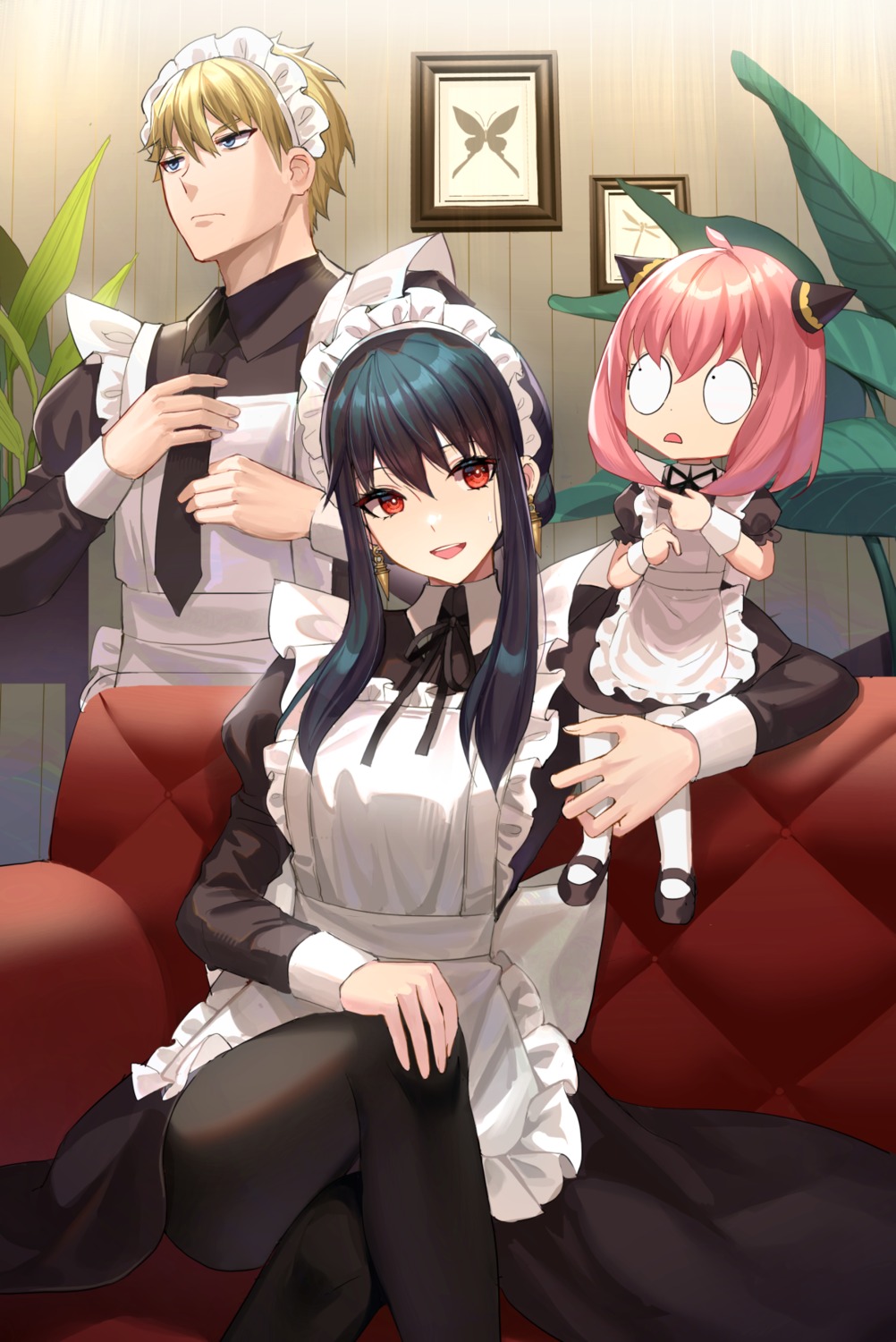 anya_forger, crossdress, kernel_killer, loid_forger, maid, pantyhose, skirt_lift, spy_x_family