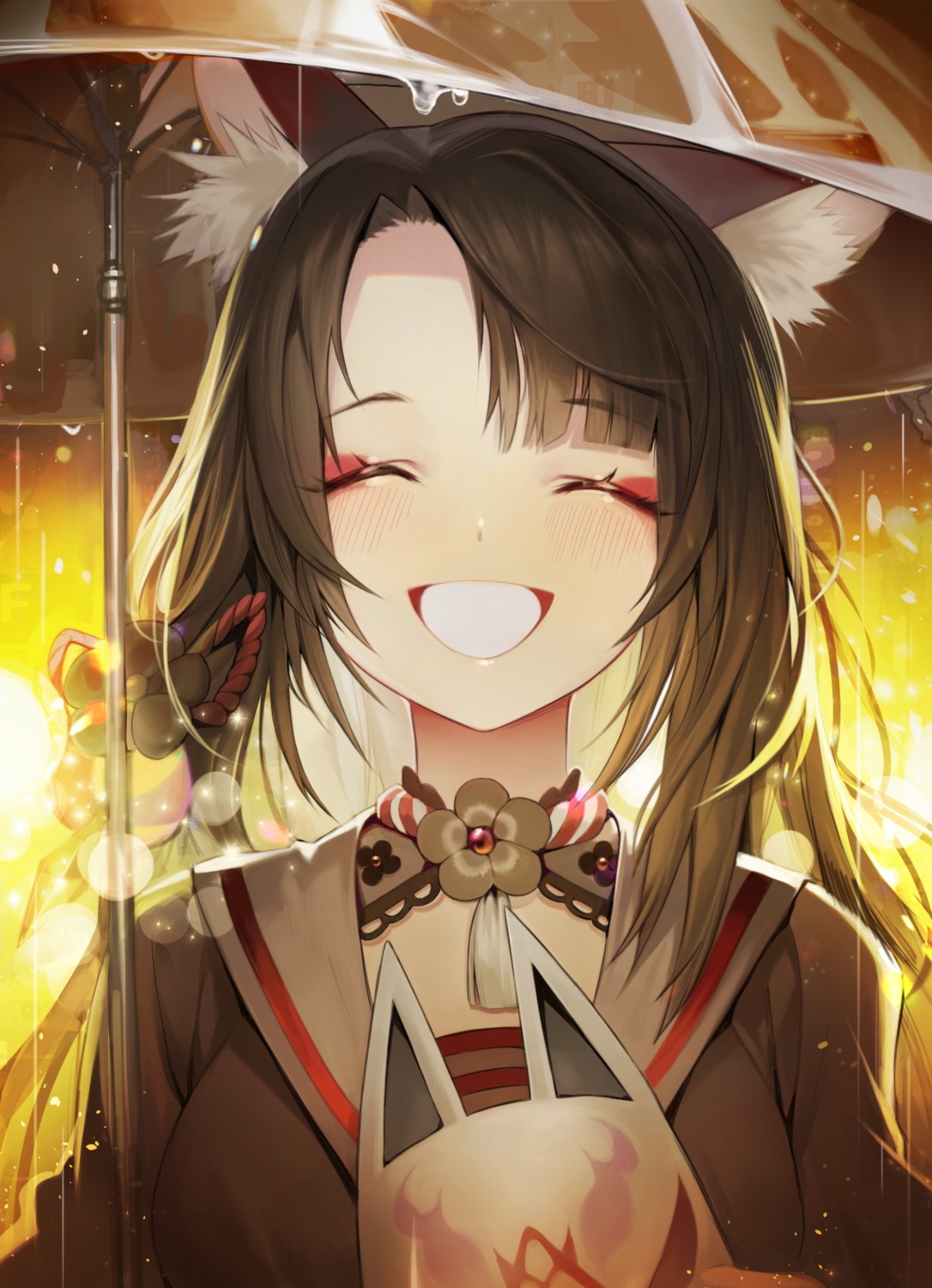 animal_ears, blue_archive, halo, japanese_clothes, kitsune, kosaka_wakamo, kyuri_(suika), nekomimi, umbrella