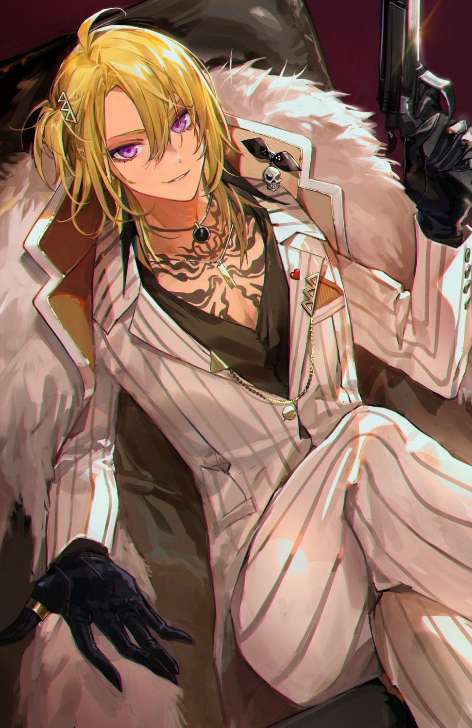 business_suit, gun, luca_kaneshiro, male, moko_(moko/moko), nijisanji, nijisanji_en, tattoo