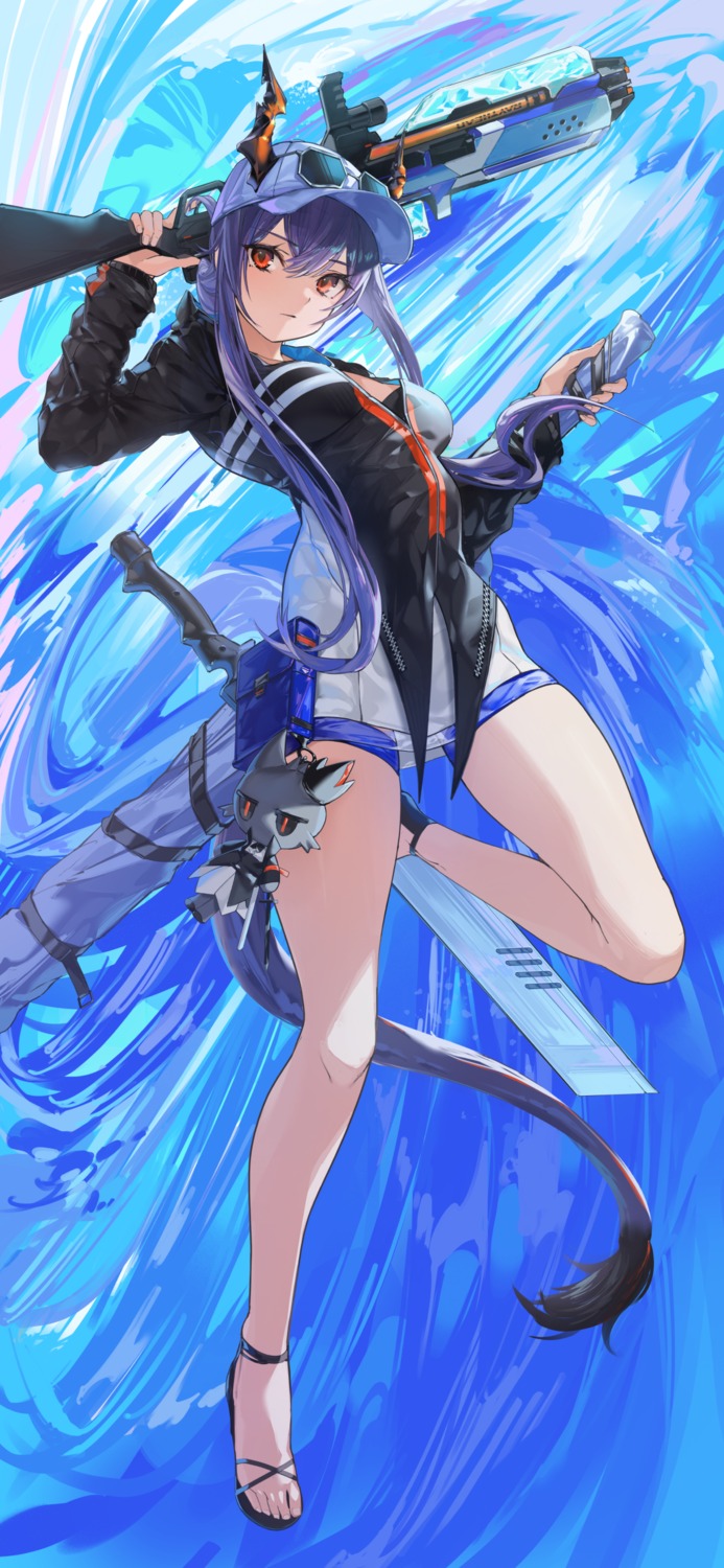 arknights, ch'en_(arknights), garter, gun, horns, marble_(marblesized), megane, see_through