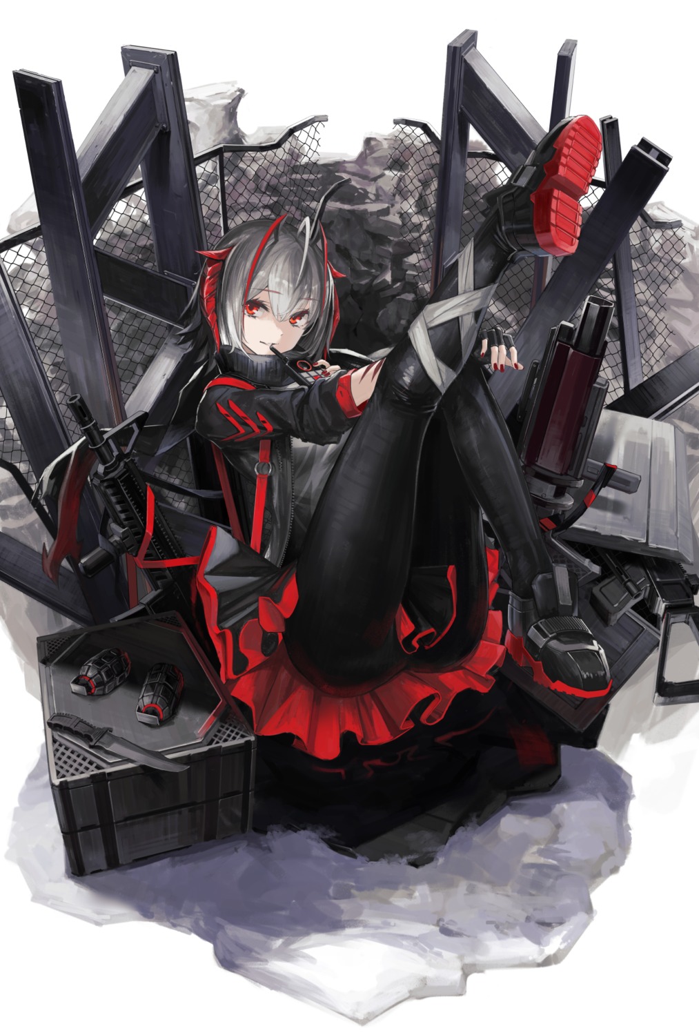 arknights, gun, horns, marble_(marblesized), pantyhose, skirt_lift, w_(arknights)