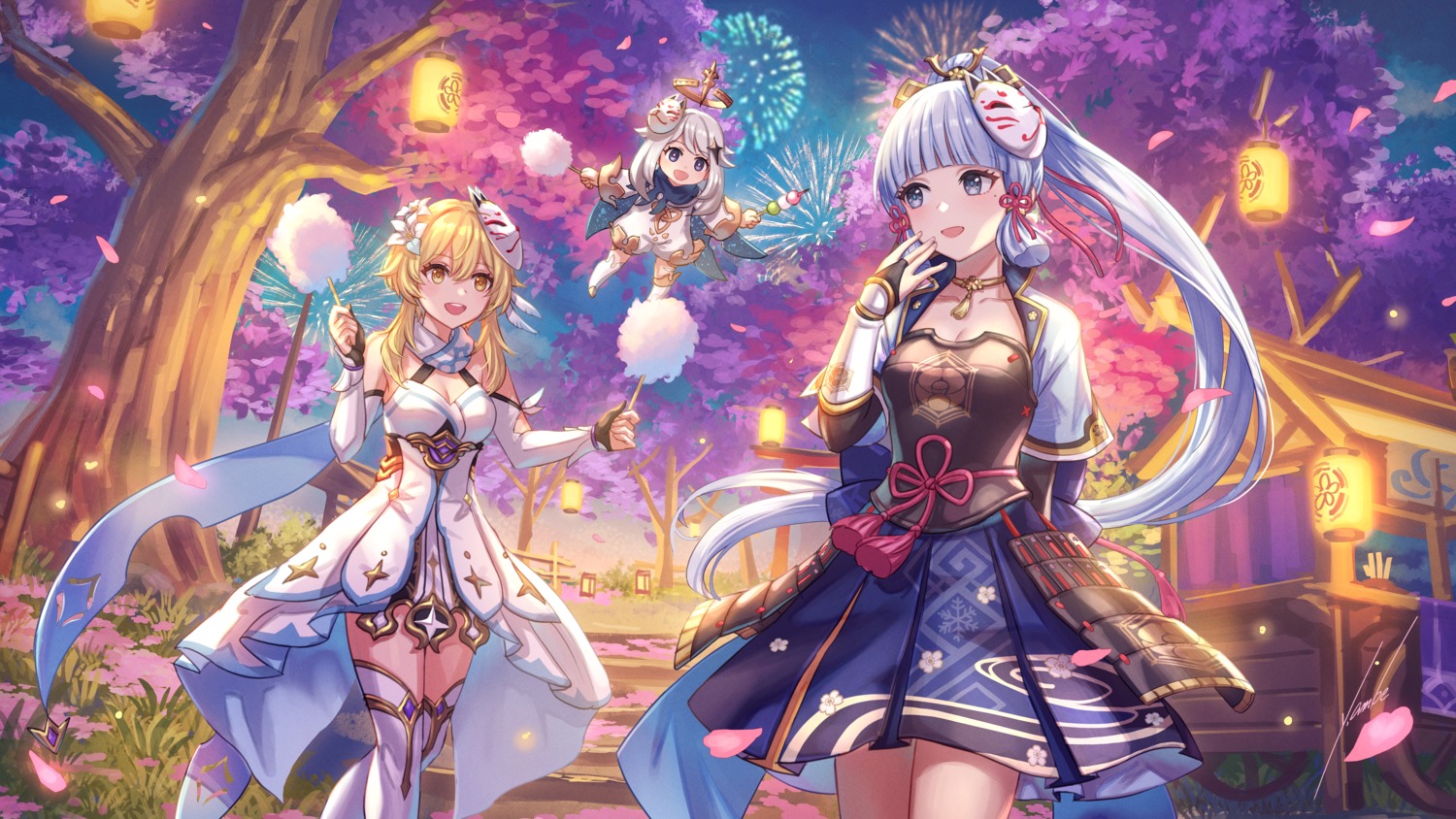 ambe_yoshiro, armor, cleavage, dress, genshin_impact, japanese_clothes, kamisato_ayaka, lumine