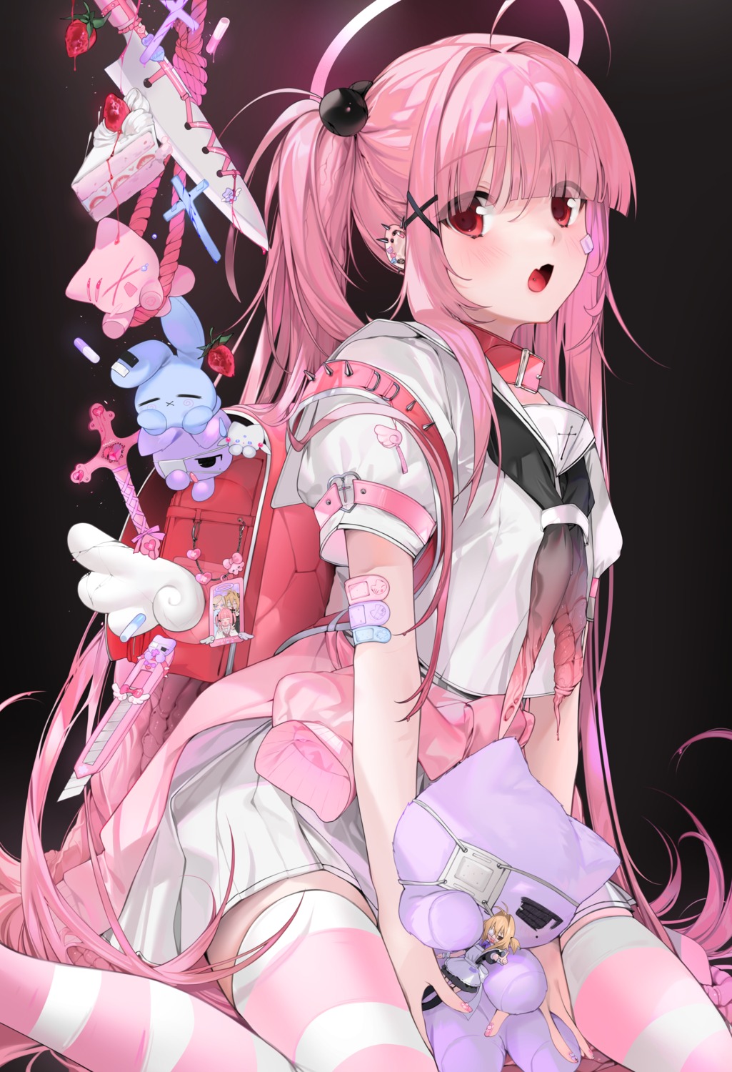 angel, bandaid, eyepatch, seifuku, sweater, thighhighs, unxi, veinte_(unxi), weapon