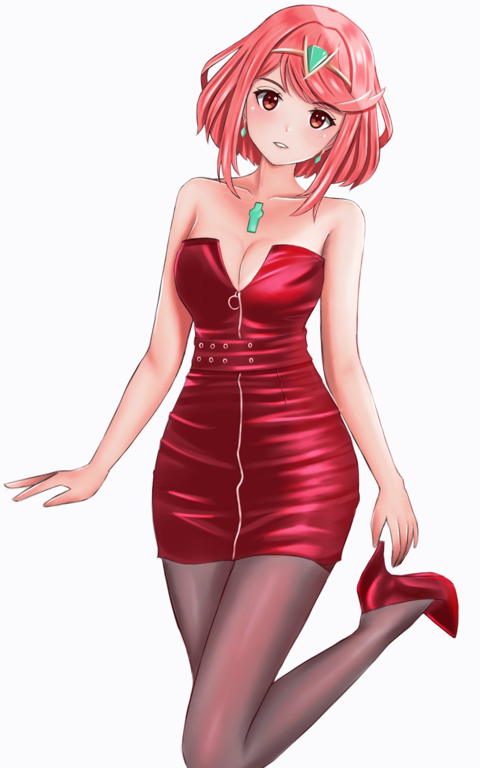 cleavage, dress, heels, homura_(xenoblade_2), langspower, no_bra, pantyhose, xenoblade_(series), xenoblade_2