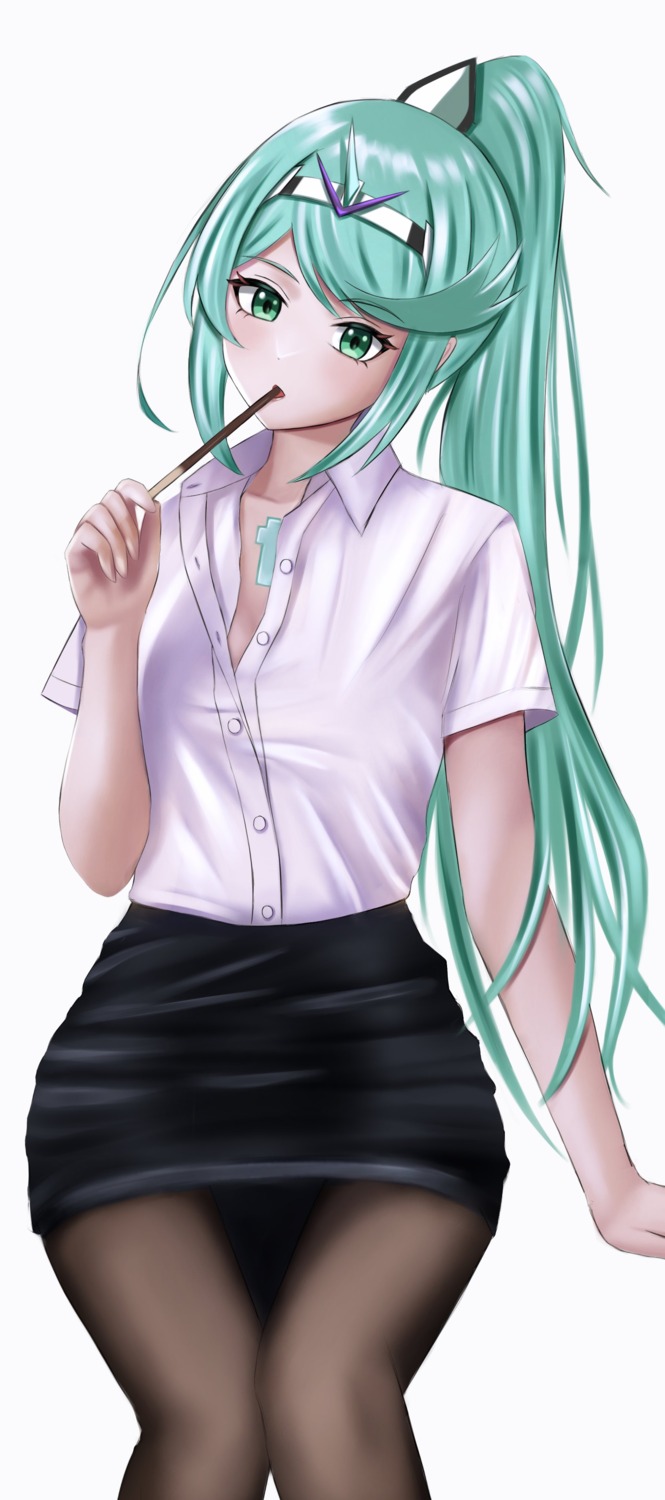 dress_shirt, langspower, open_shirt, pantyhose, pneuma_(xenoblade_2), xenoblade_(series), xenoblade_2