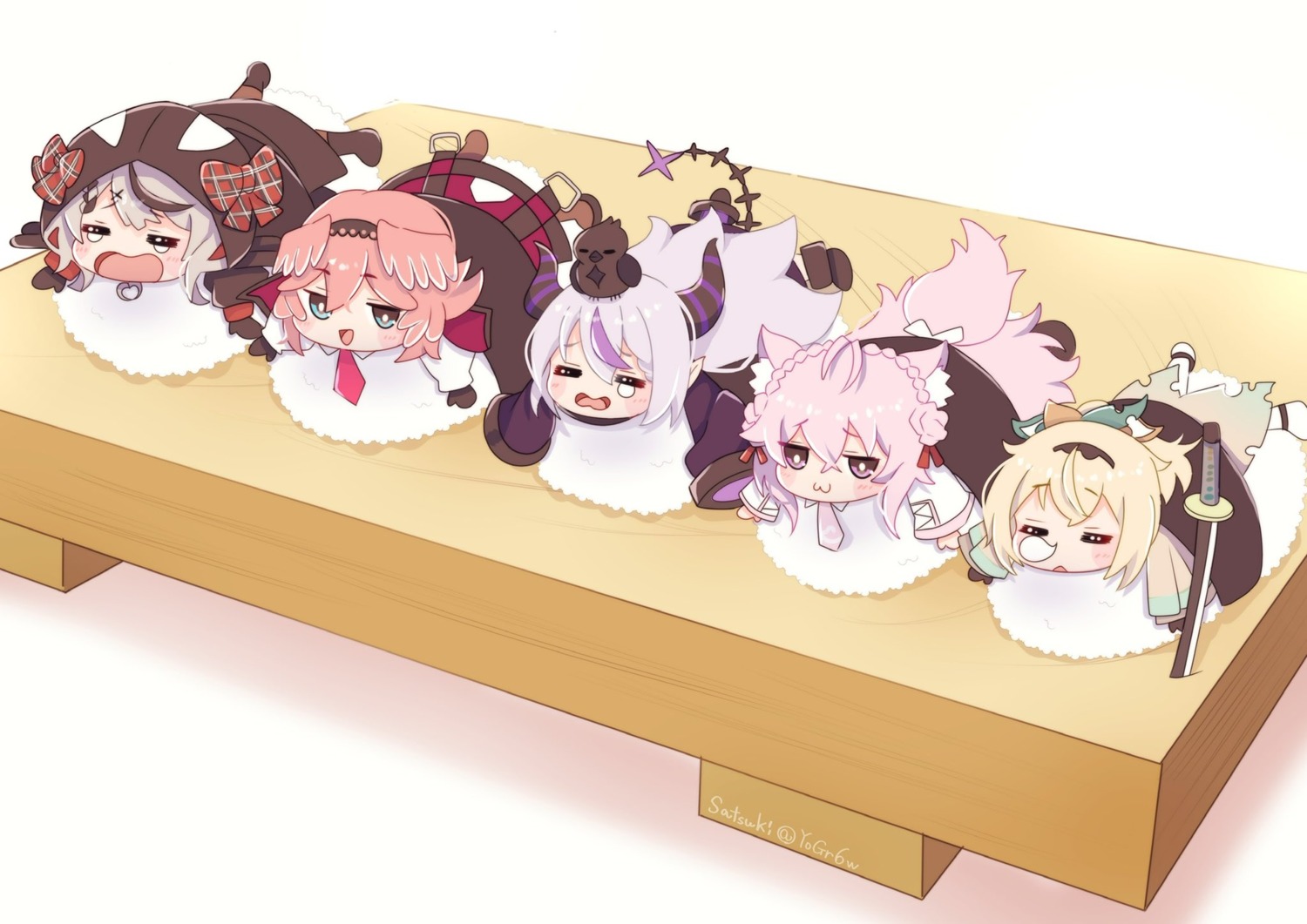 animal_ears, chibi, devil, hakui_koyori, hololive, horns, kazama_iroha, la+_darknesss, pointy_ears, sakamata_chloe, satsuki_(pixiv_742410), sword, tail, takane_lui, wings
