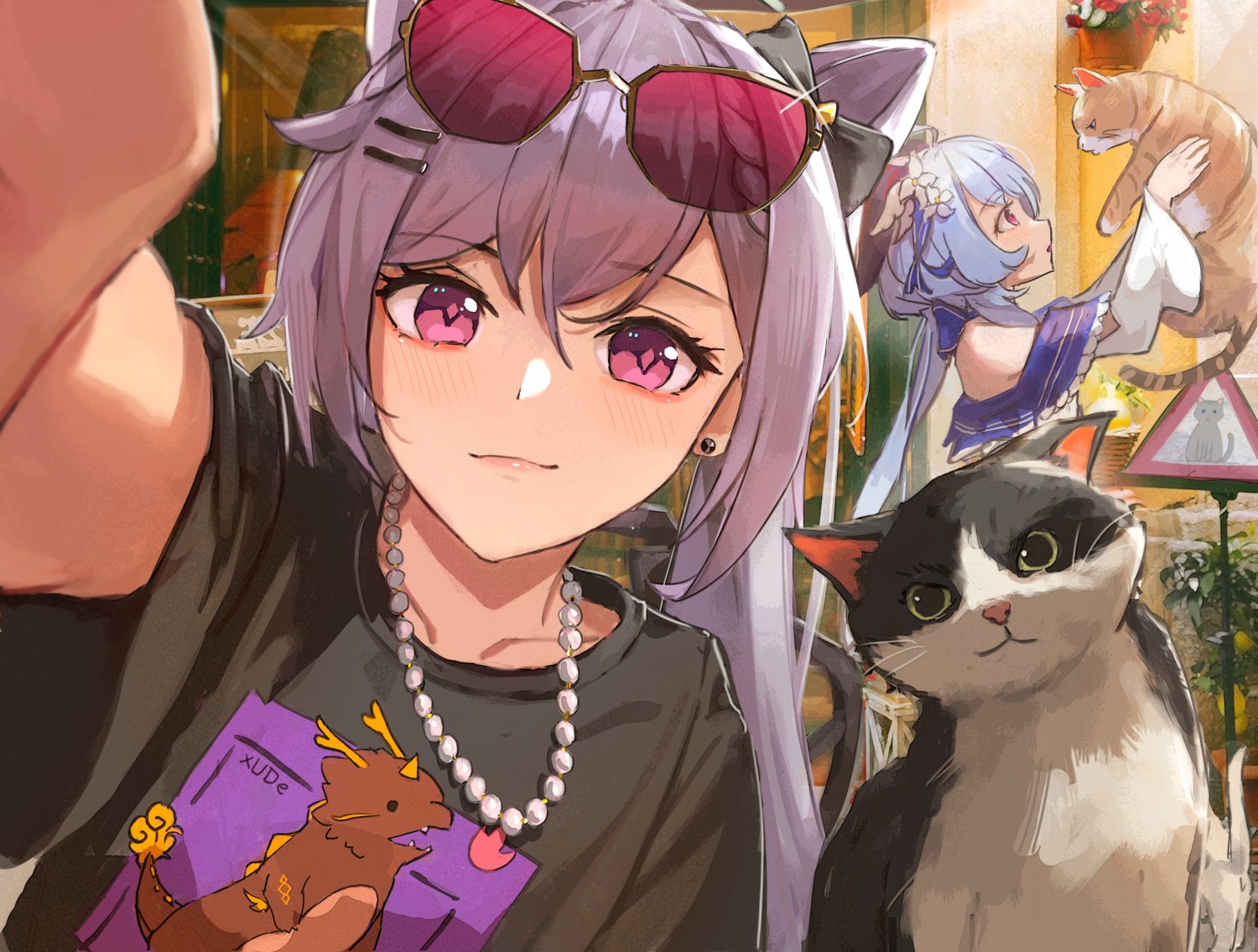 ganyu, genshin_impact, horns, keqing, megane, neko, selfie, xude