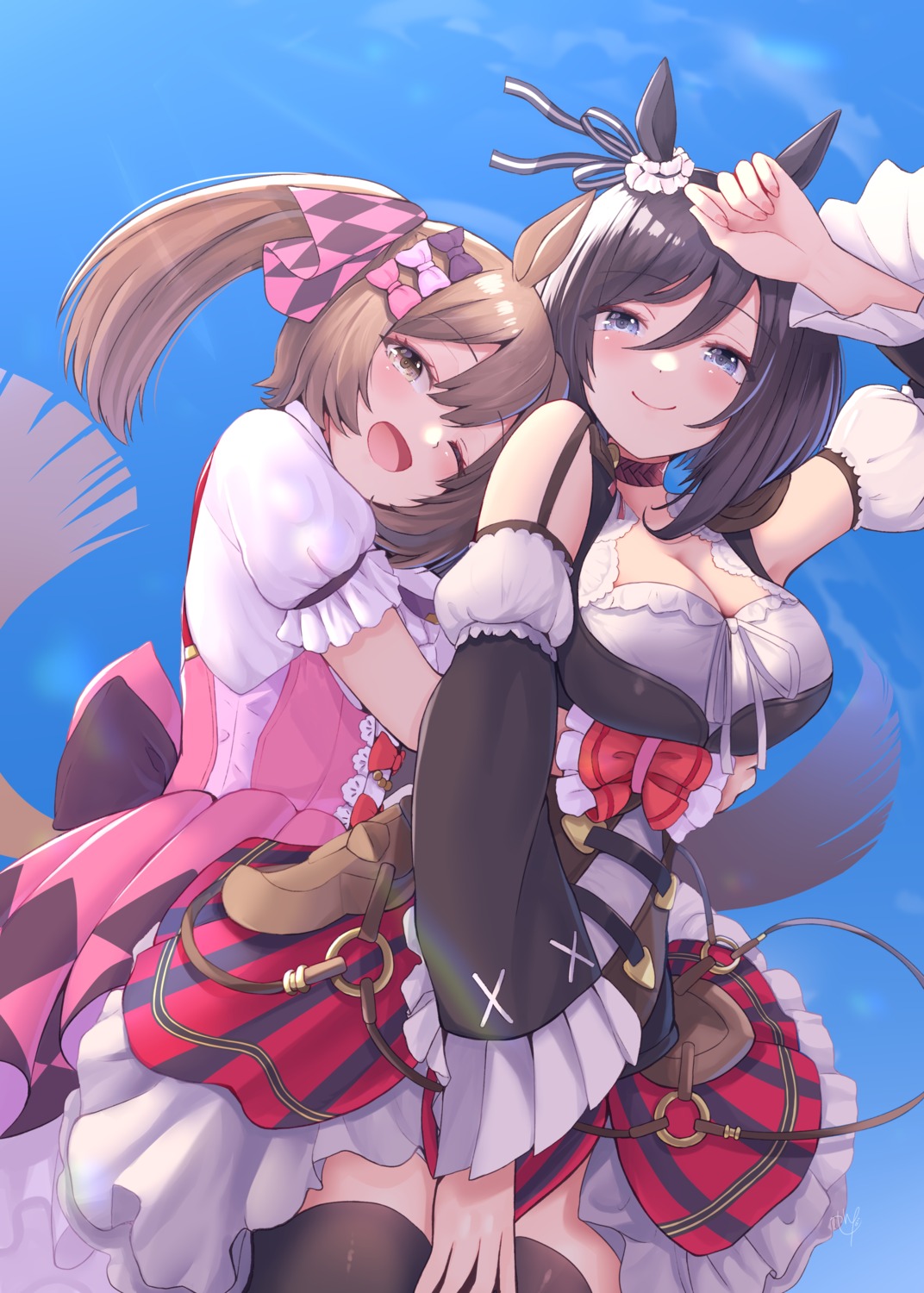 animal_ears, eishin_flash_(umamusume), narushima_kanna, smart_falcon_(umamusume), tail, thighhighs, uma_musume_pretty_derby, uniform