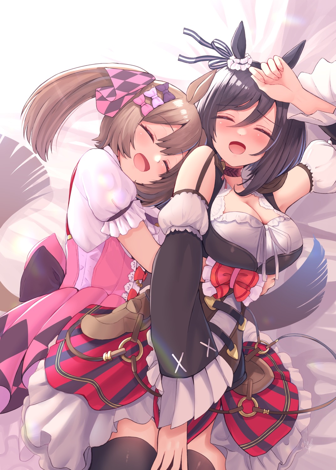 animal_ears, eishin_flash_(umamusume), narushima_kanna, smart_falcon_(umamusume), tail, thighhighs, uma_musume_pretty_derby, uniform