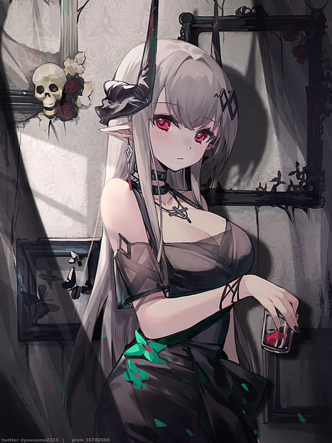 arknights, cleavage, dress, horns, kitere, mudrock_(arknights), no_bra, pointy_ears