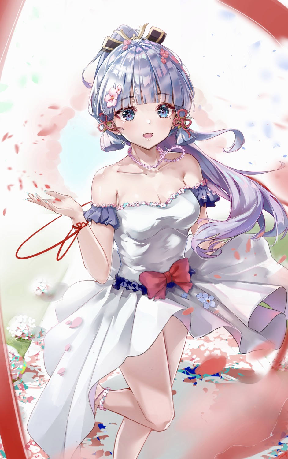 dress, genshin_impact, kamisato_ayaka, no_bra, scup, skirt_lift
