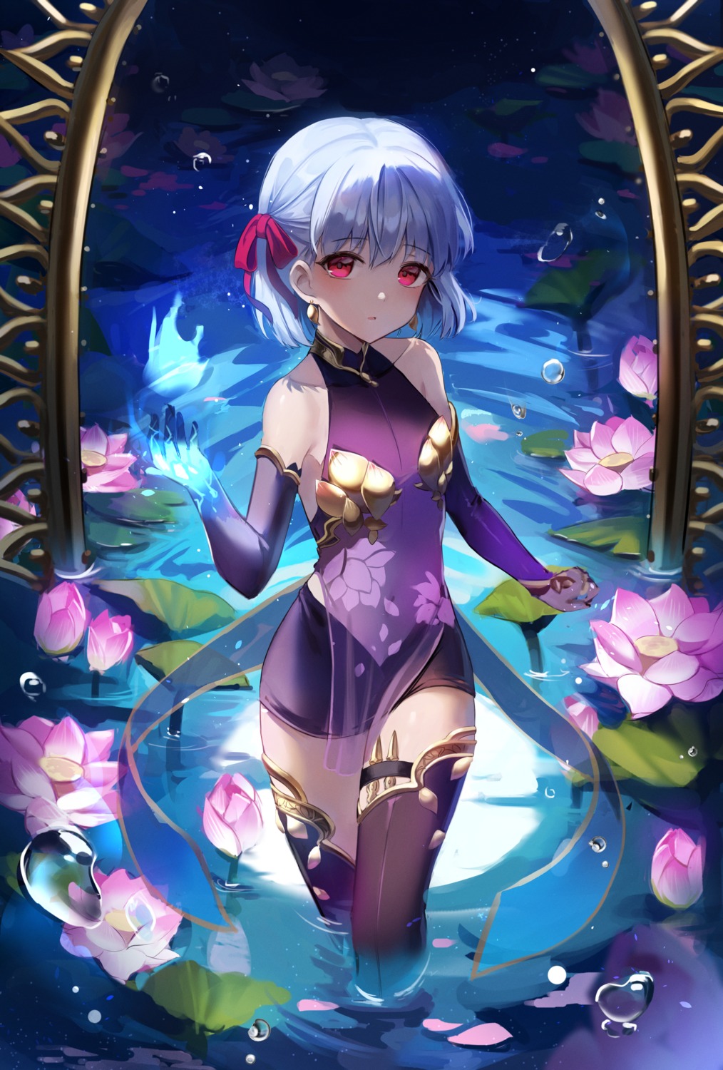 fate/grand_order, garter, kama_(fate), kyo_(maae00), no_bra, see_through, thighhighs, wet