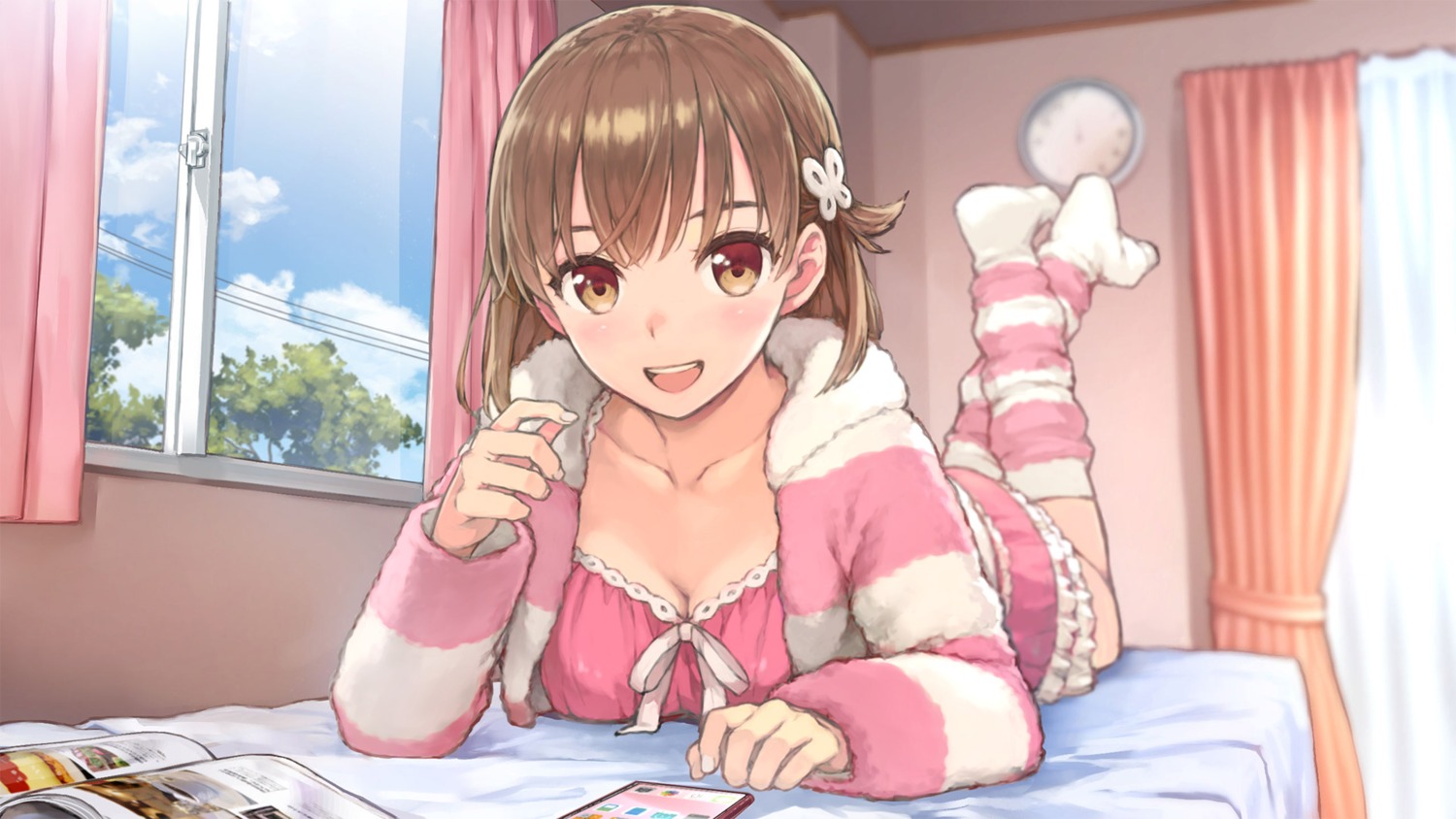 cleavage, morisawa_haruyuki, nozomu_kimi_no_mirai, pajama, qureate, usui_sachi, wallpaper