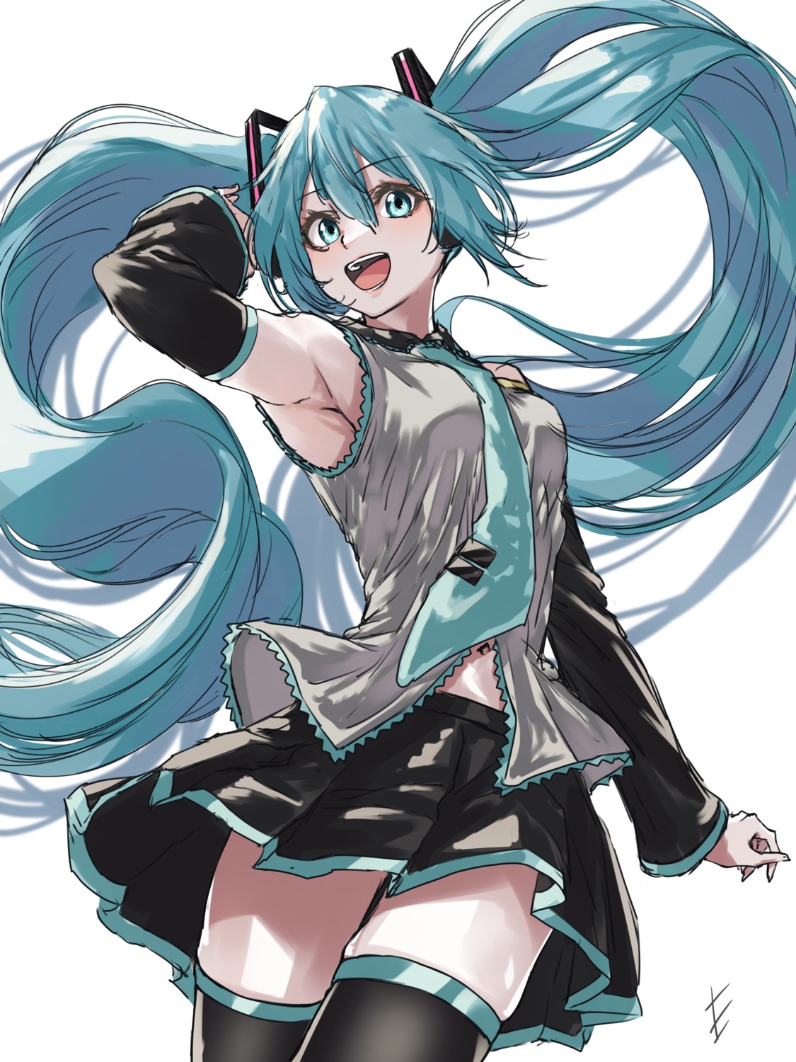 endo_yohane, hatsune_miku, headphones, sketch, skirt_lift, thighhighs, vocaloid