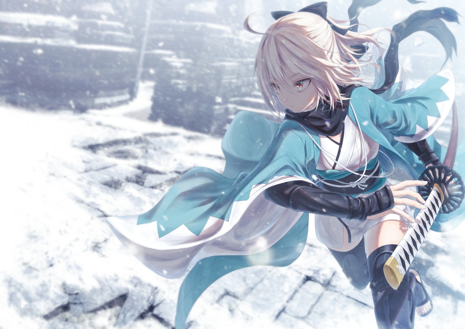 bae.c, fate/grand_order, japanese_clothes, okita_souji_(fate), sword, thighhighs