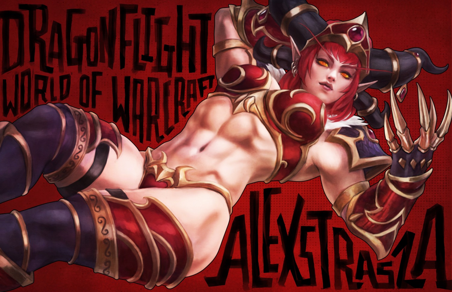 alexstrasza_the_life_binder, armor, bikini_armor, garter, horns, monori_rogue, pointy_ears, thighhighs