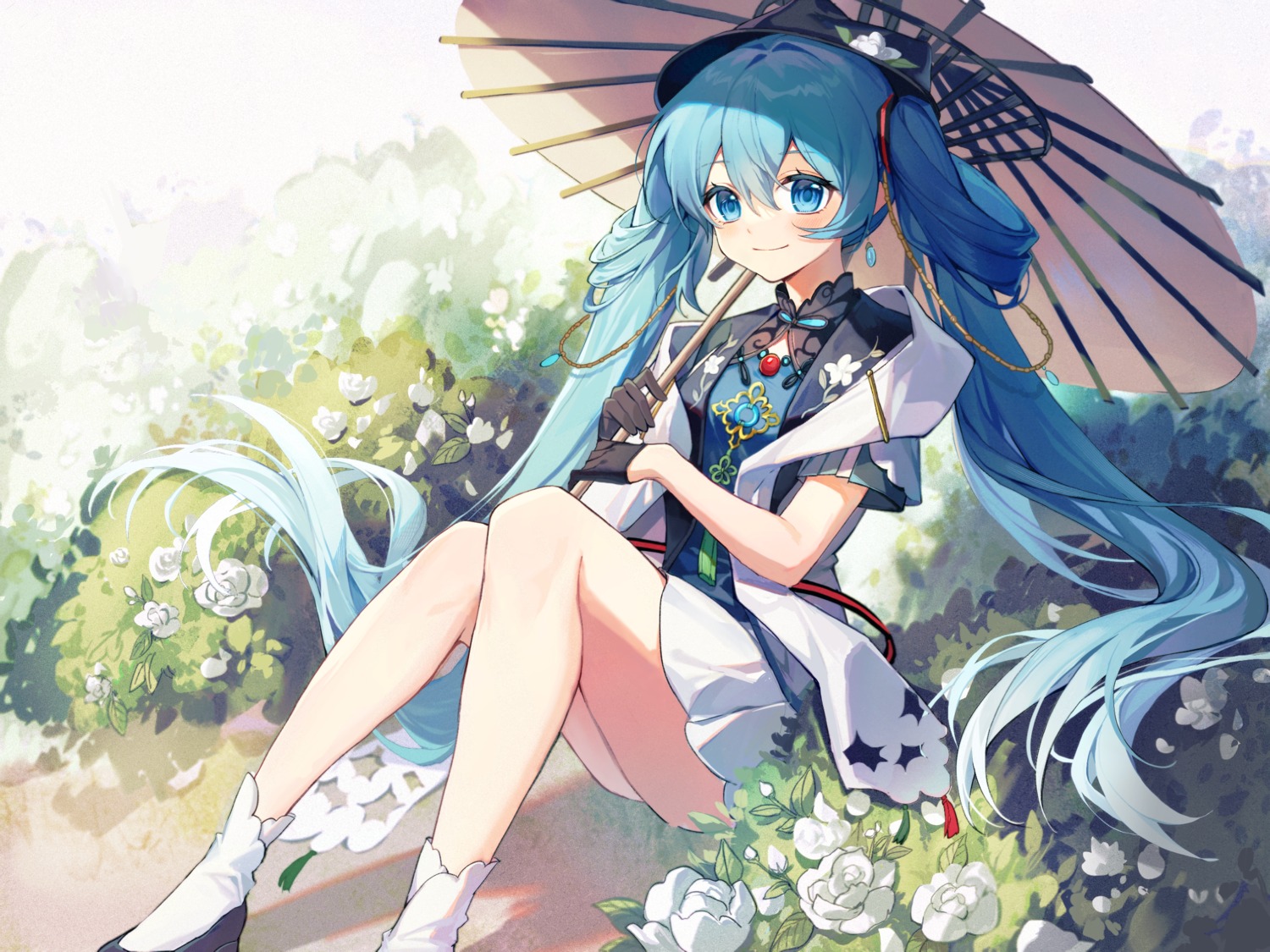 asian_clothes, hatsune_miku, hatsune_miku_with_you, skirt_lift, umbrella, vocaloid, yunweishukuang