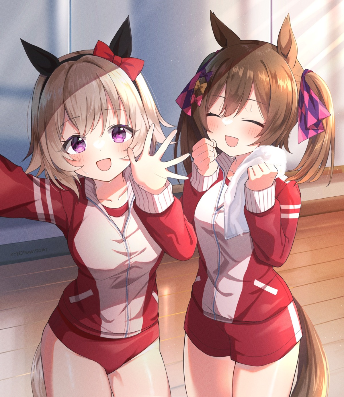 animal_ears, buruma, etesumsom, gym_uniform, selfie, tail, towel