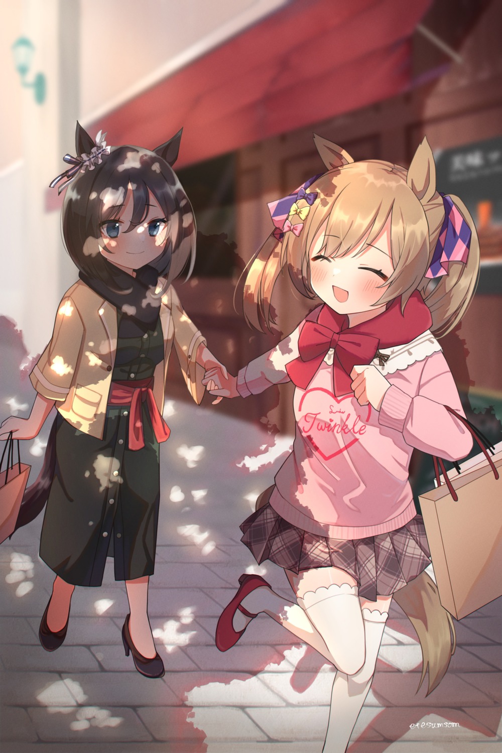 animal_ears, dress, eishin_flash_(umamusume), etesumsom, heels, smart_falcon_(umamusume), thighhighs, uma_musume_pretty_derby