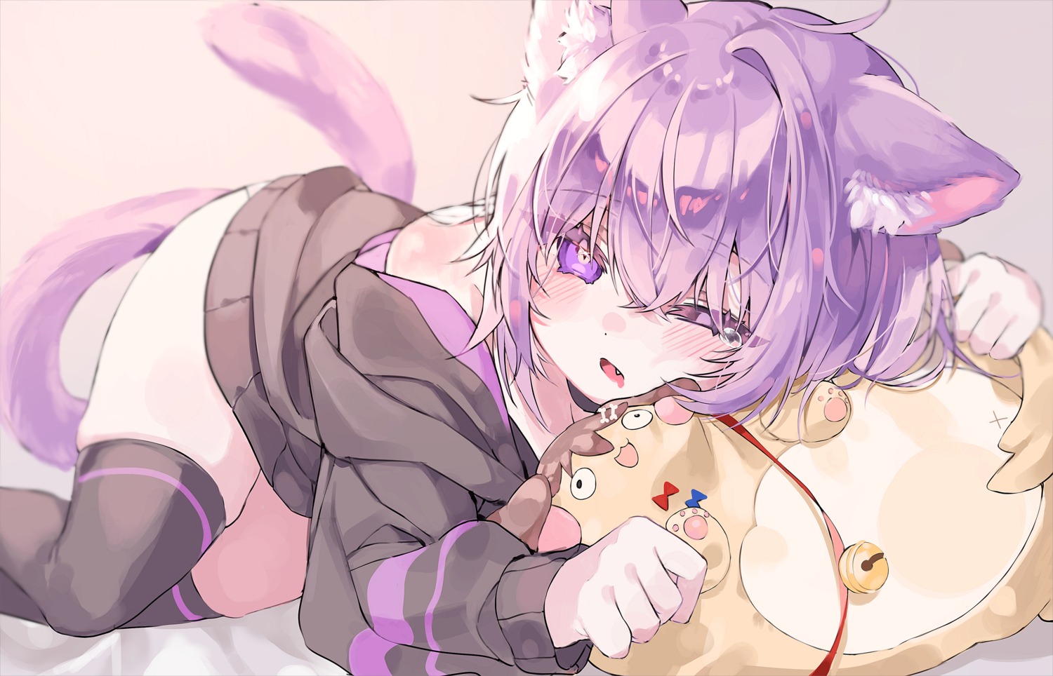 animal_ears, hololive, hololive_gamers, kithera, nekomata_okayu, nekomimi, tail, thighhighs