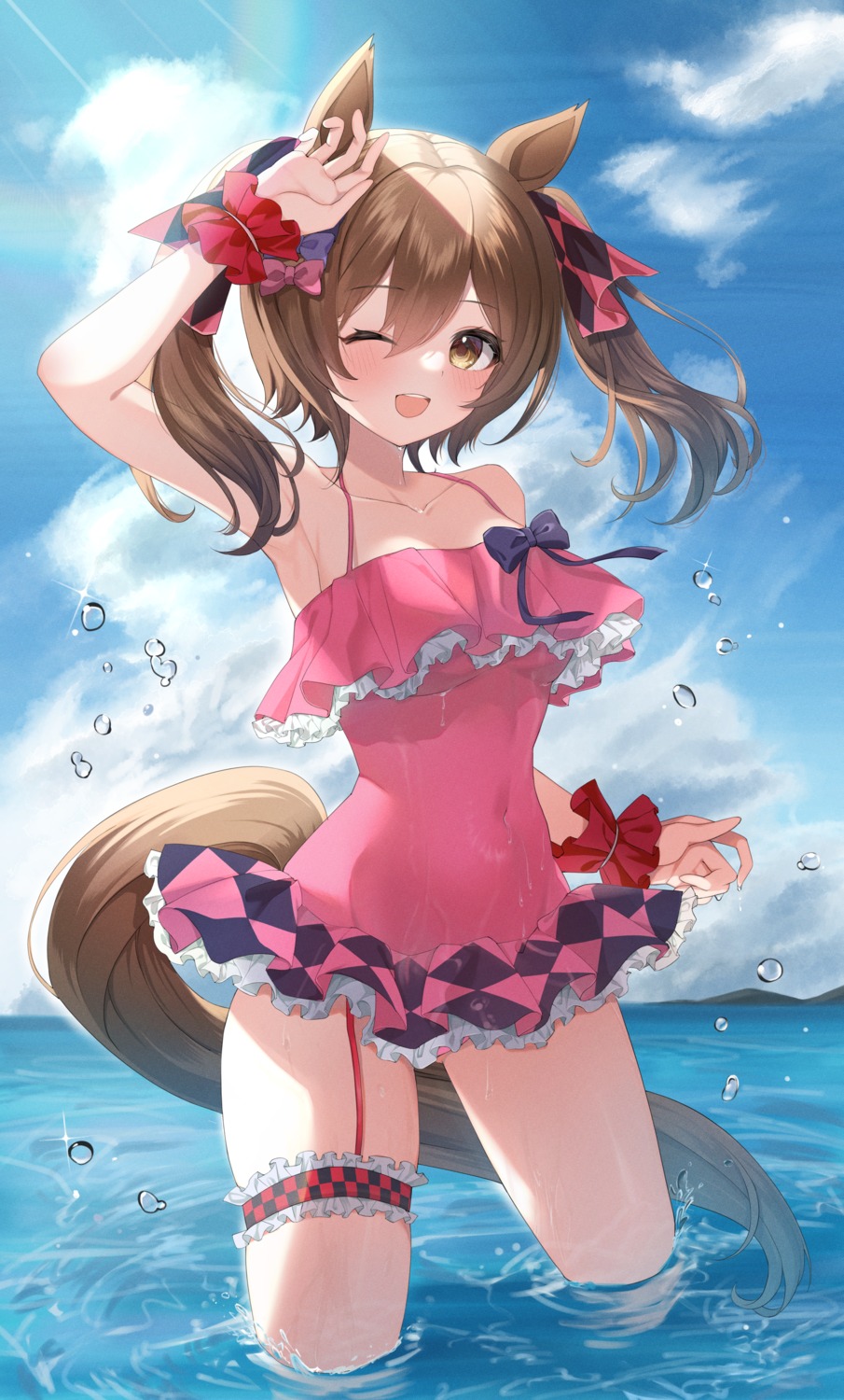animal_ears, etesumsom, garter, smart_falcon_(umamusume), swimsuits, tail, uma_musume_pretty_derby, wet
