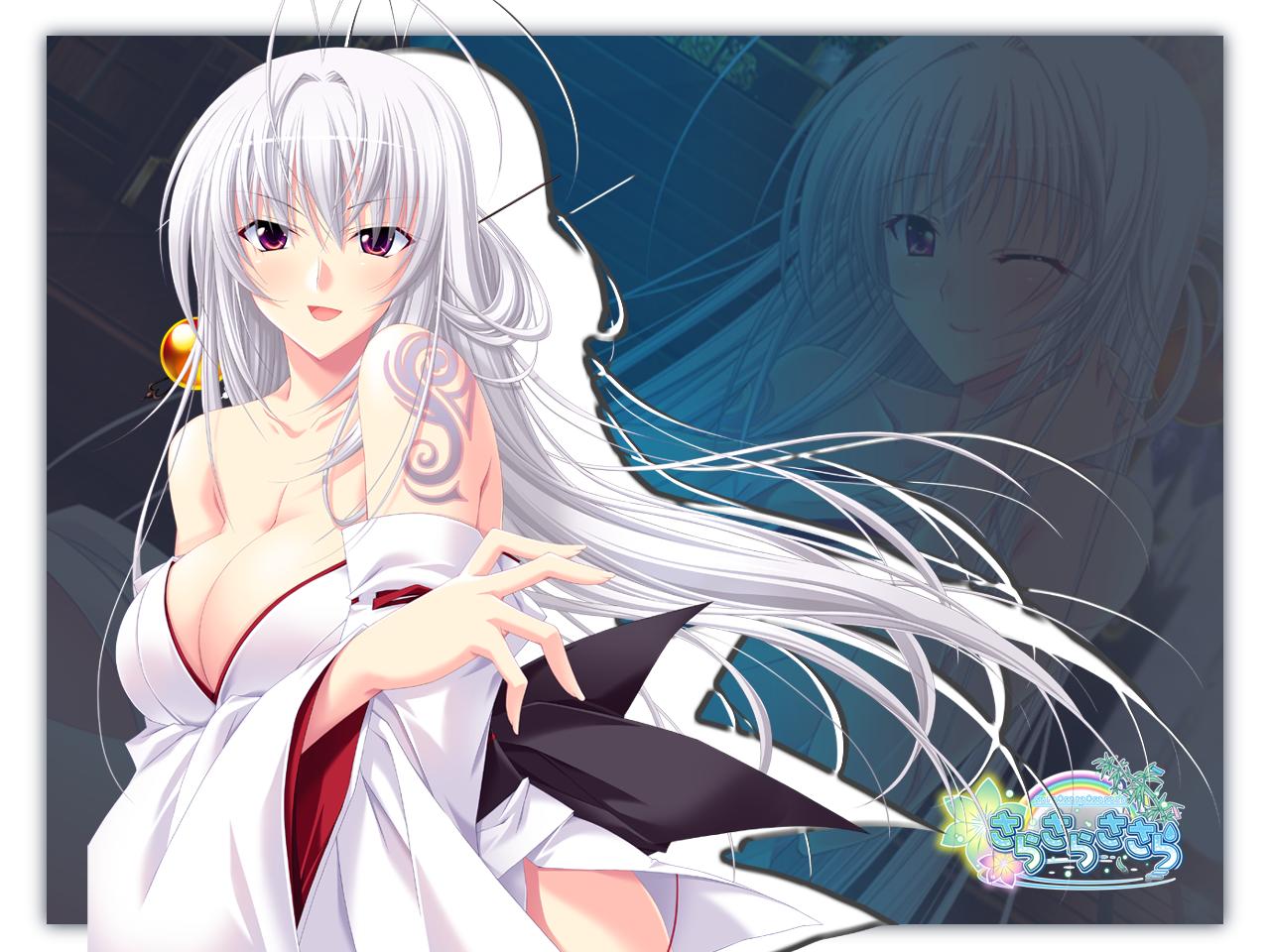 breast_hold, choco_chip, cleavage, japanese_clothes, kagami_tsukimi, miko, no_bra, nopan, sara_sara_sasara, wallpaper