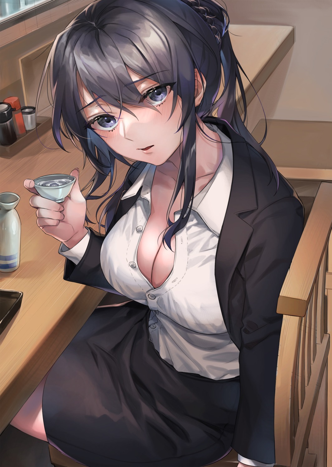 business_suit, cleavage, sake, shinima