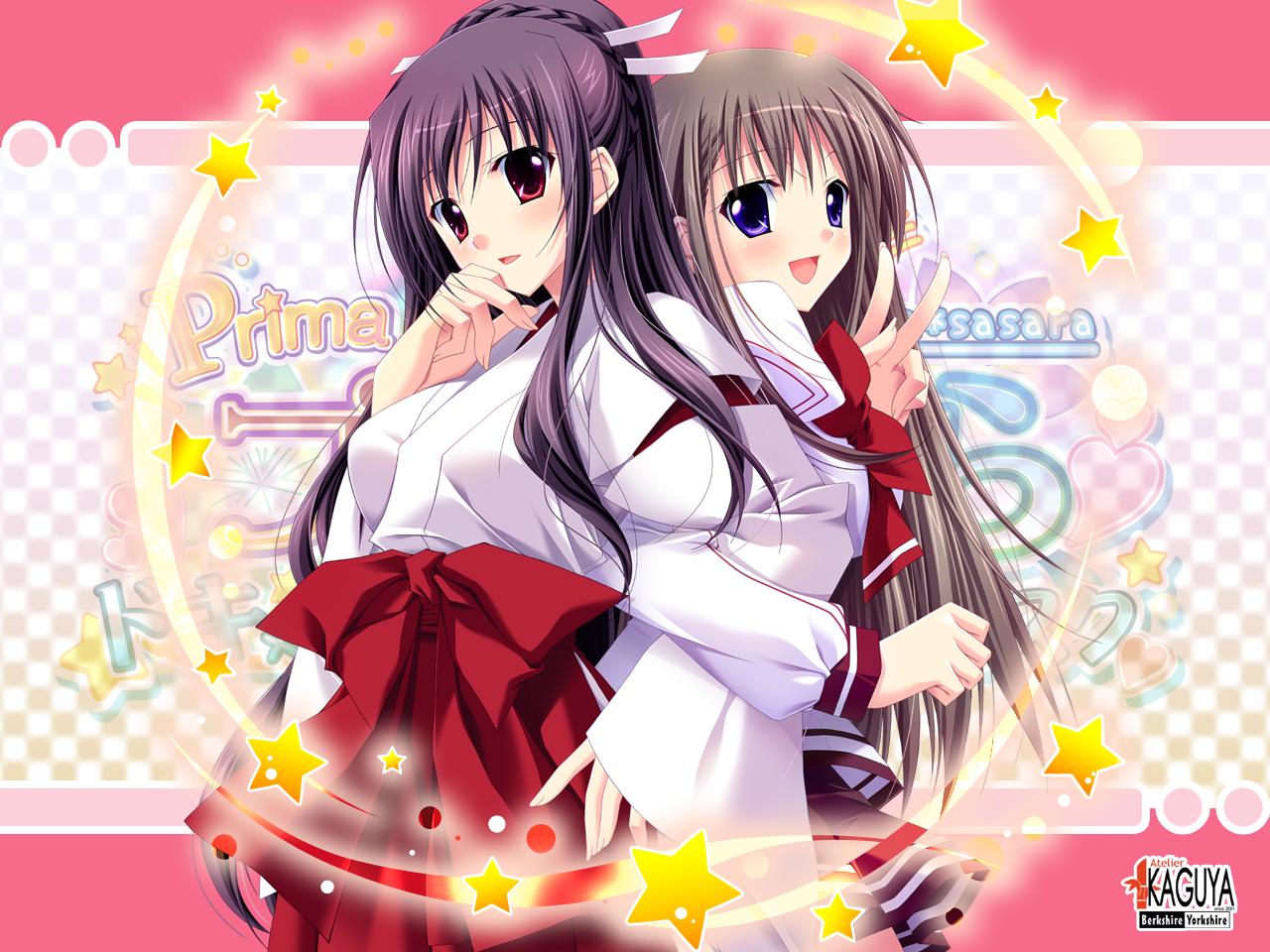atelier_kaguya, choco_chip, crossover, japanese_clothes, jpeg_artifacts, miko, pri_sara, prima_stella