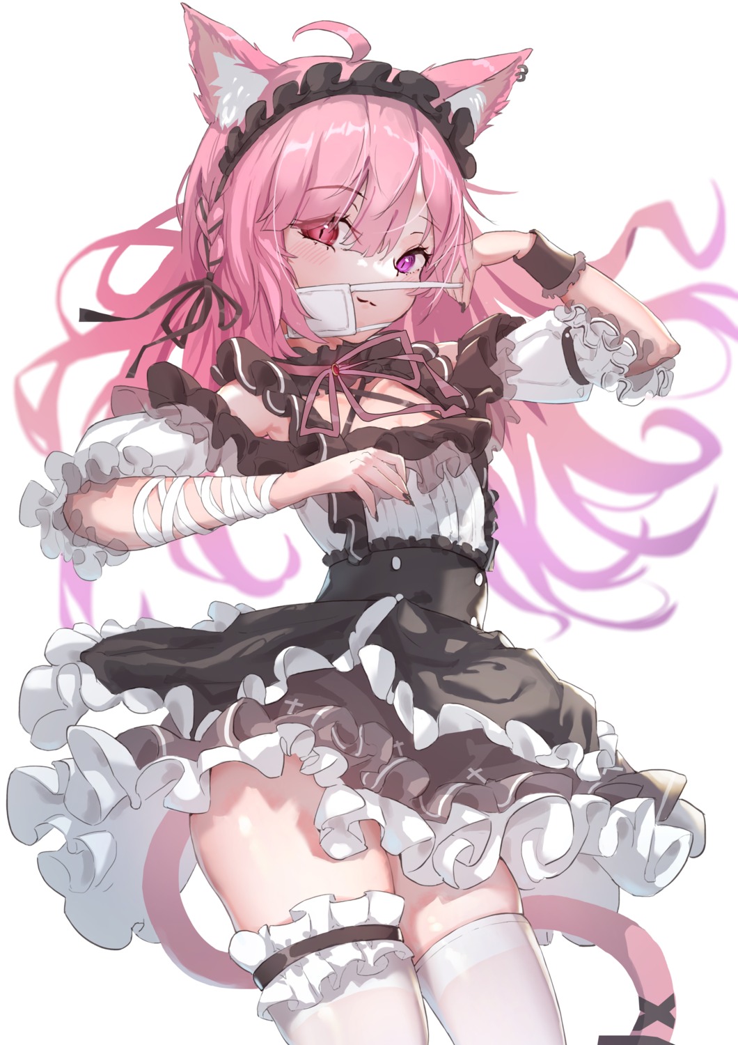animal_ears, bandages, eyepatch, garter, heterochromia, indie_virtual_youtuber, juu_p, maid