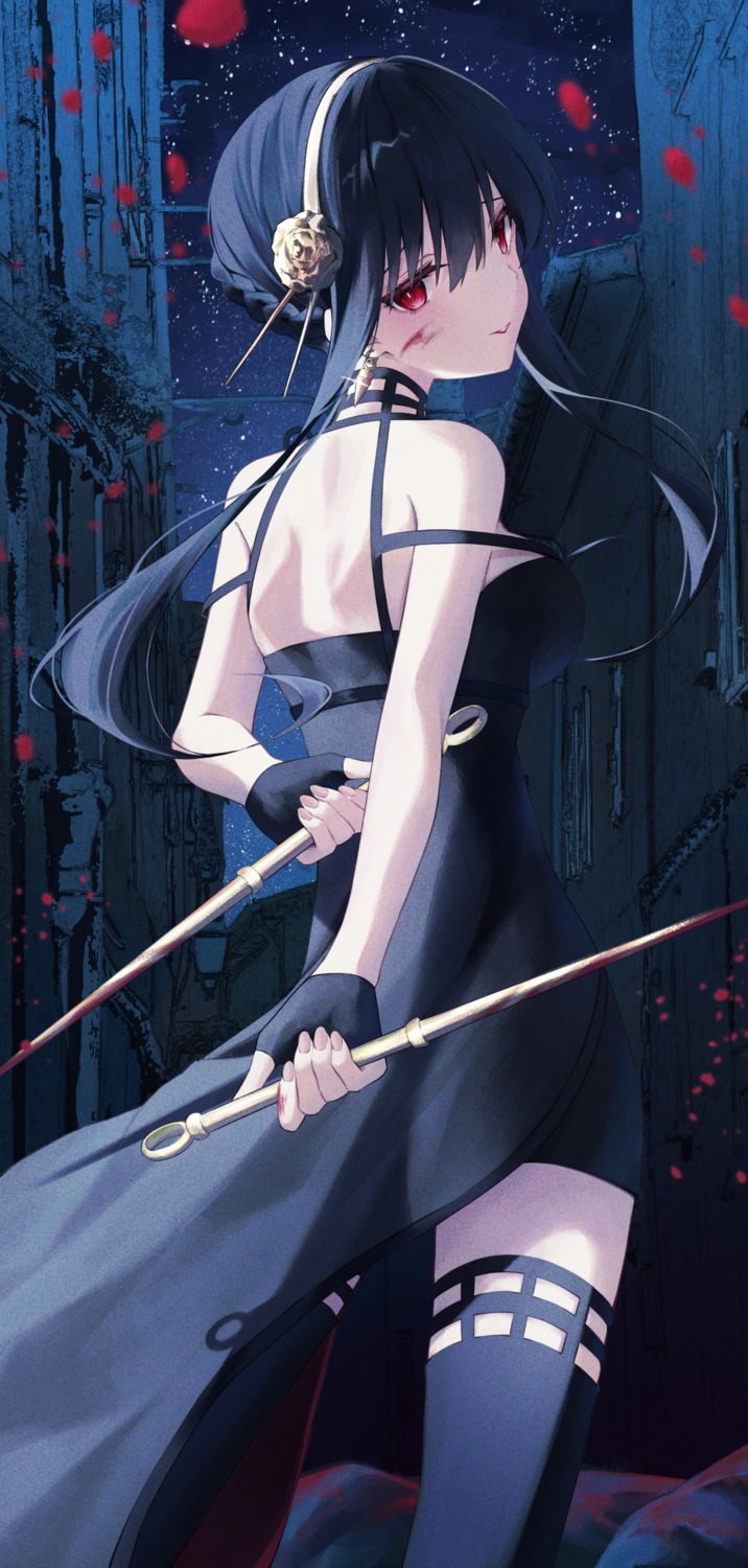 blood, dress, spy_x_family, thighhighs, weapon, yor_briar, yuzuno_kaori