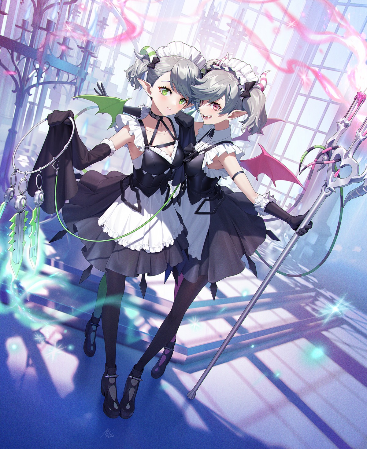 horns, labrynth_servant_arianna, labrynth_servant_arianne, maid, masin0201, pantyhose, pointy_ears, tail, wings, yugioh