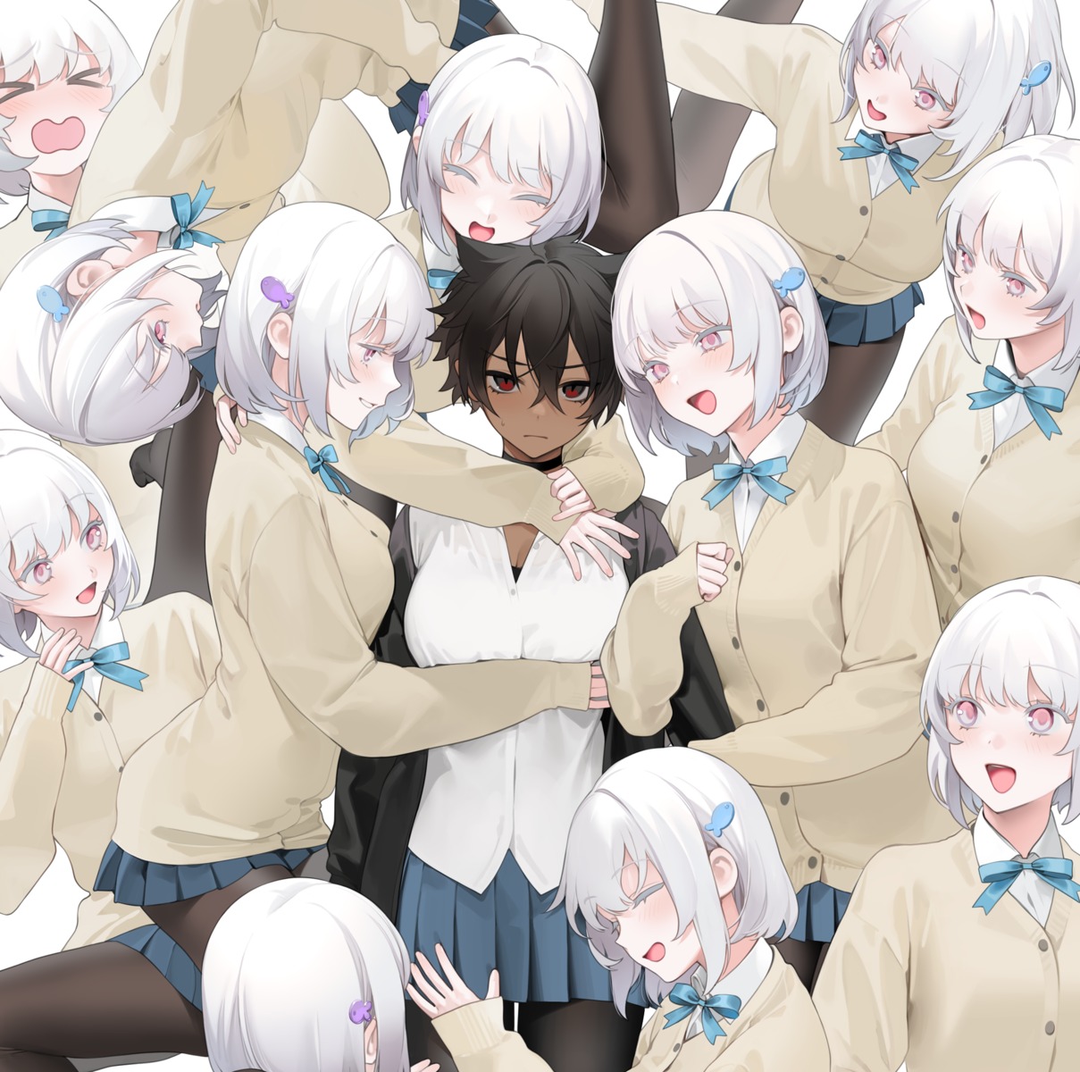 cleavage, micchan_(ohisashiburi), nacchan_(ohisashiburi), ohisashiburi, pantyhose, seifuku, sweater, yuri