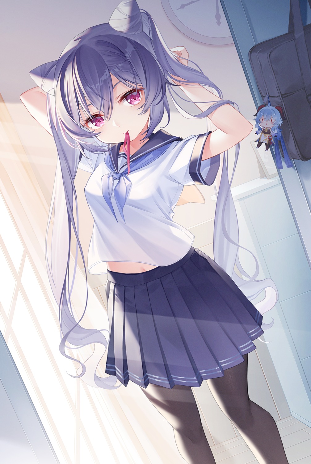 ganyu, genshin_impact, keqing, pantyhose, seifuku, suannai_wanzi