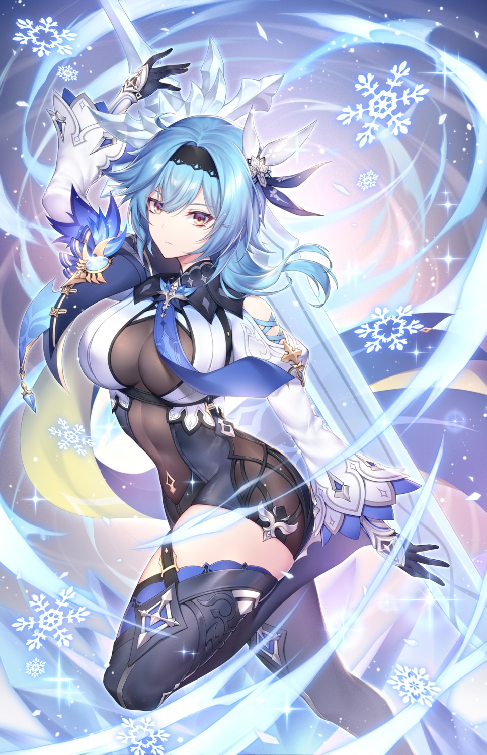 eula, garter, genshin_impact, leotard, nasaniliu, sword, thighhighs