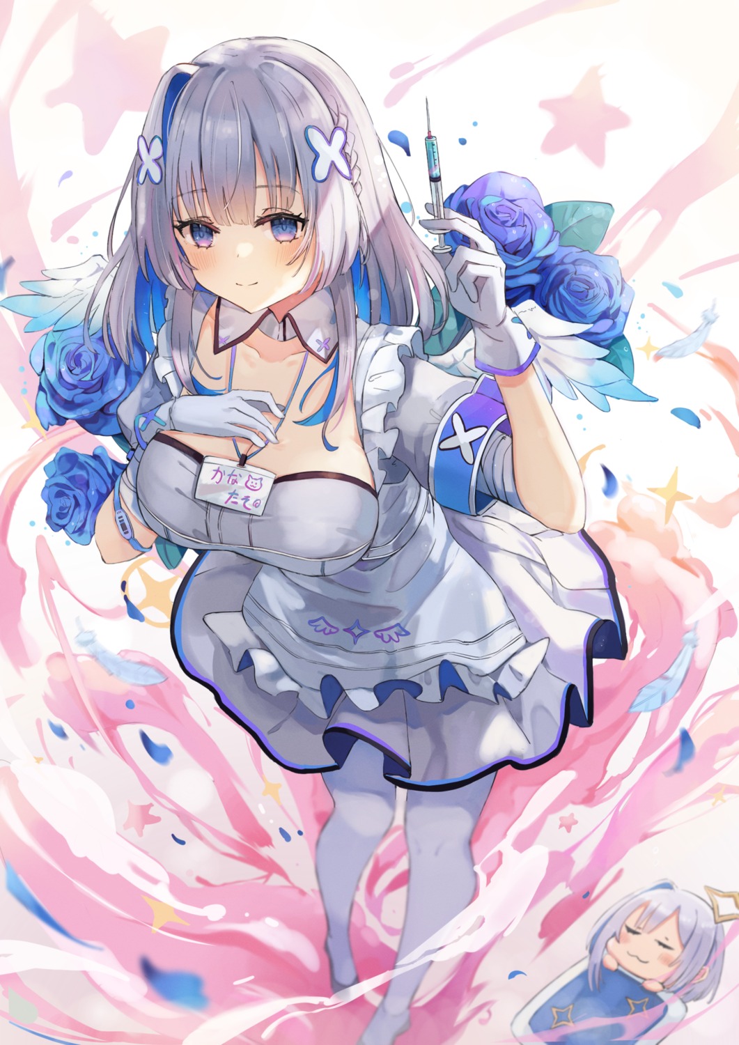 amane_kanata, bandages, chibi, halo, hololive, miakiuehashi, nurse, wings