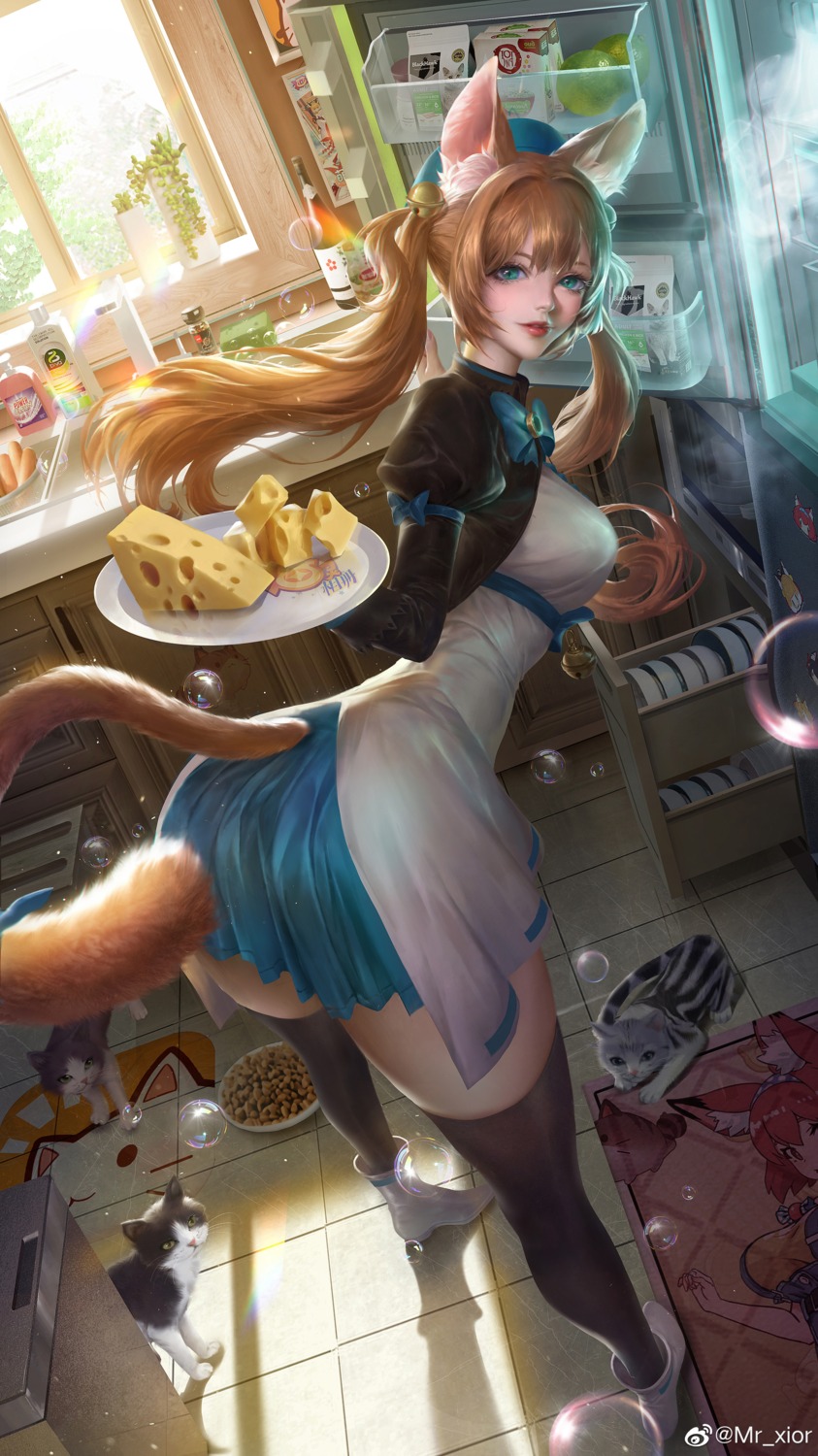 animal_ears, ass, heels, neko, nekomimi, tail, thighhighs, watermark, xior