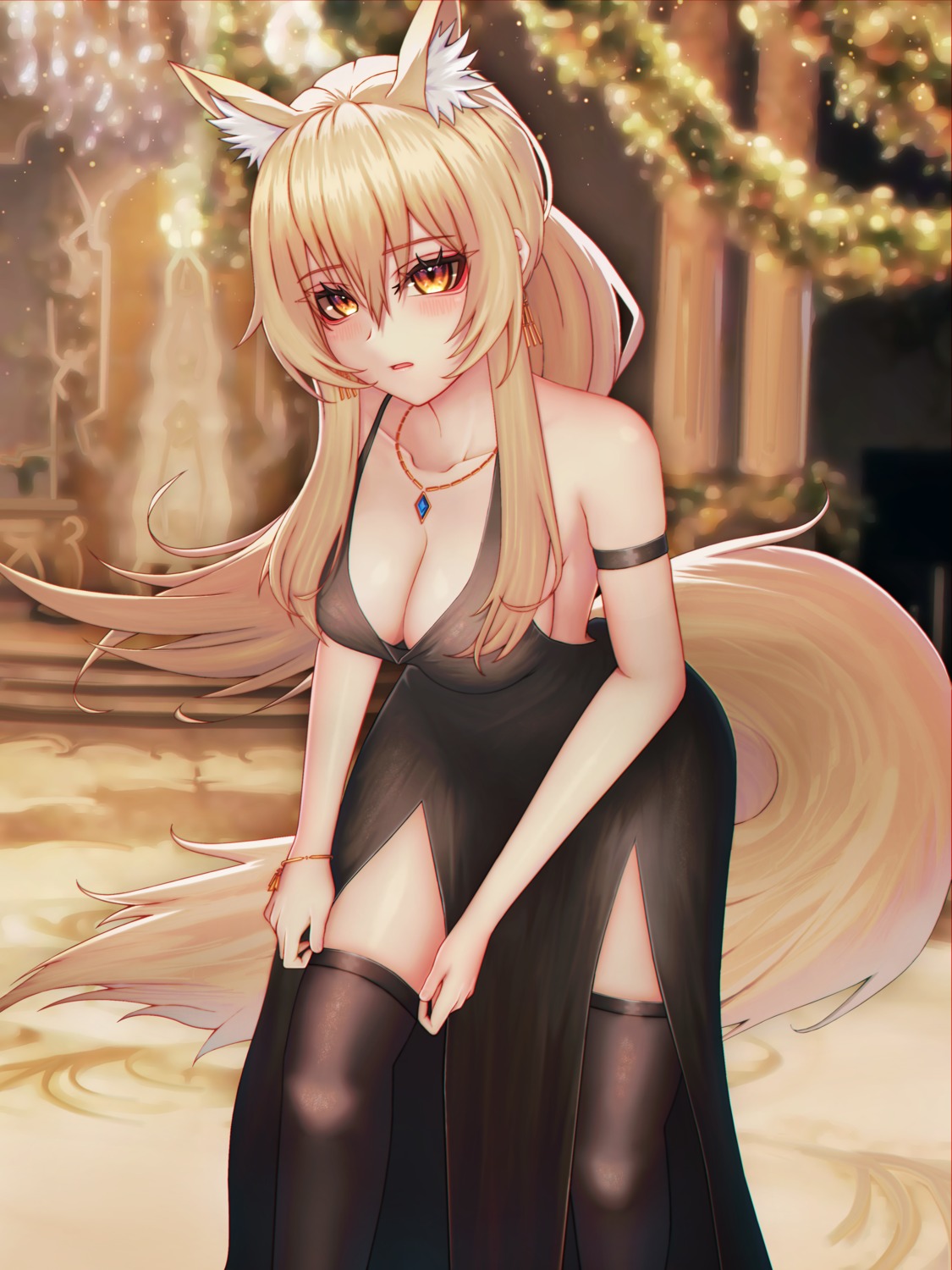 absurd_fox, animal_ears, arknights, dress, nearl_(arknights), no_bra, tail, thighhighs, undressing